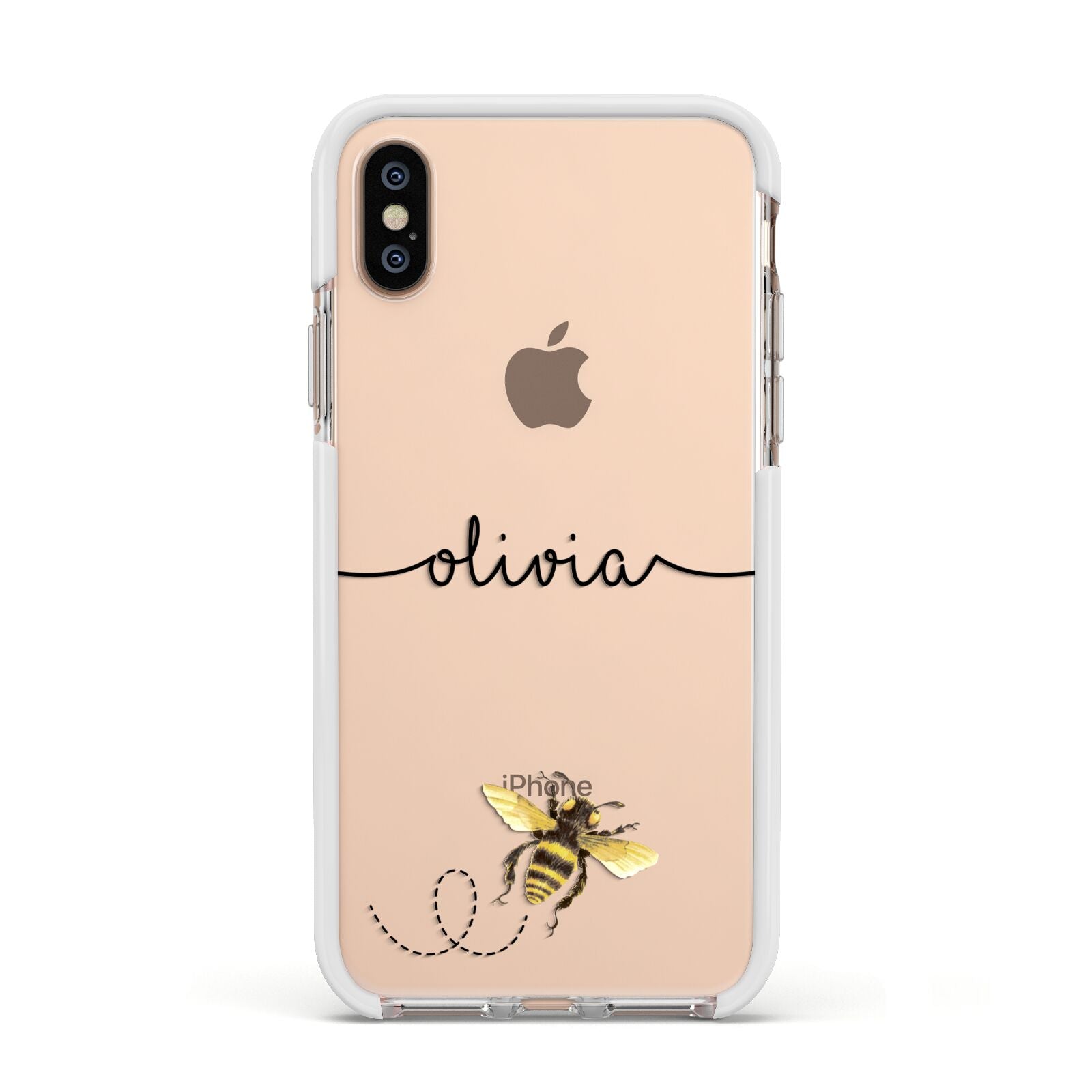 Watercolour Bee with Name Apple iPhone Xs Impact Case White Edge on Gold Phone