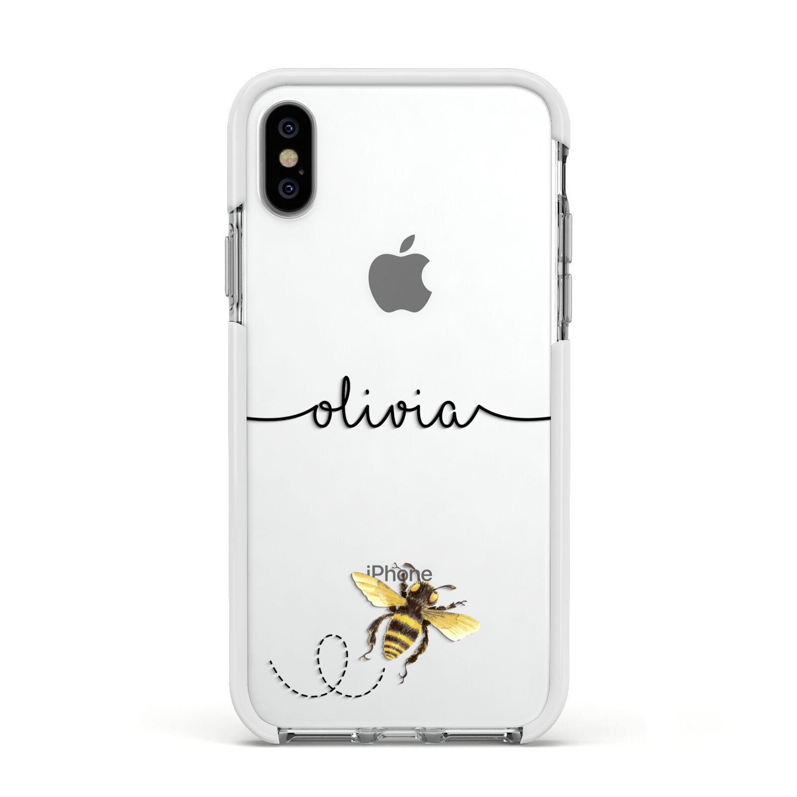 Watercolour Bee with Name Apple iPhone Xs Impact Case White Edge on Silver Phone