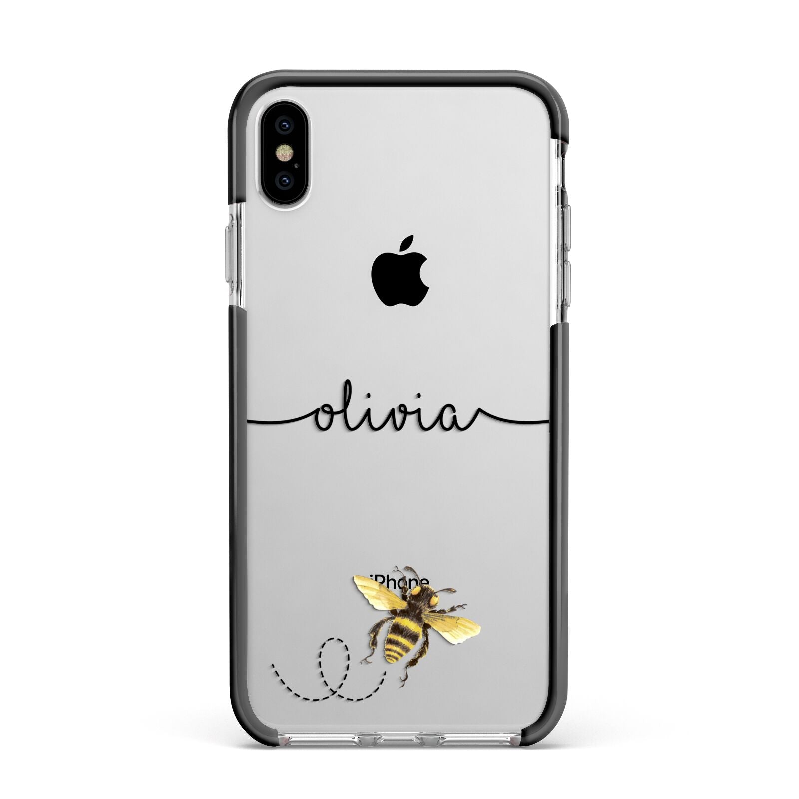 Watercolour Bee with Name Apple iPhone Xs Max Impact Case Black Edge on Silver Phone