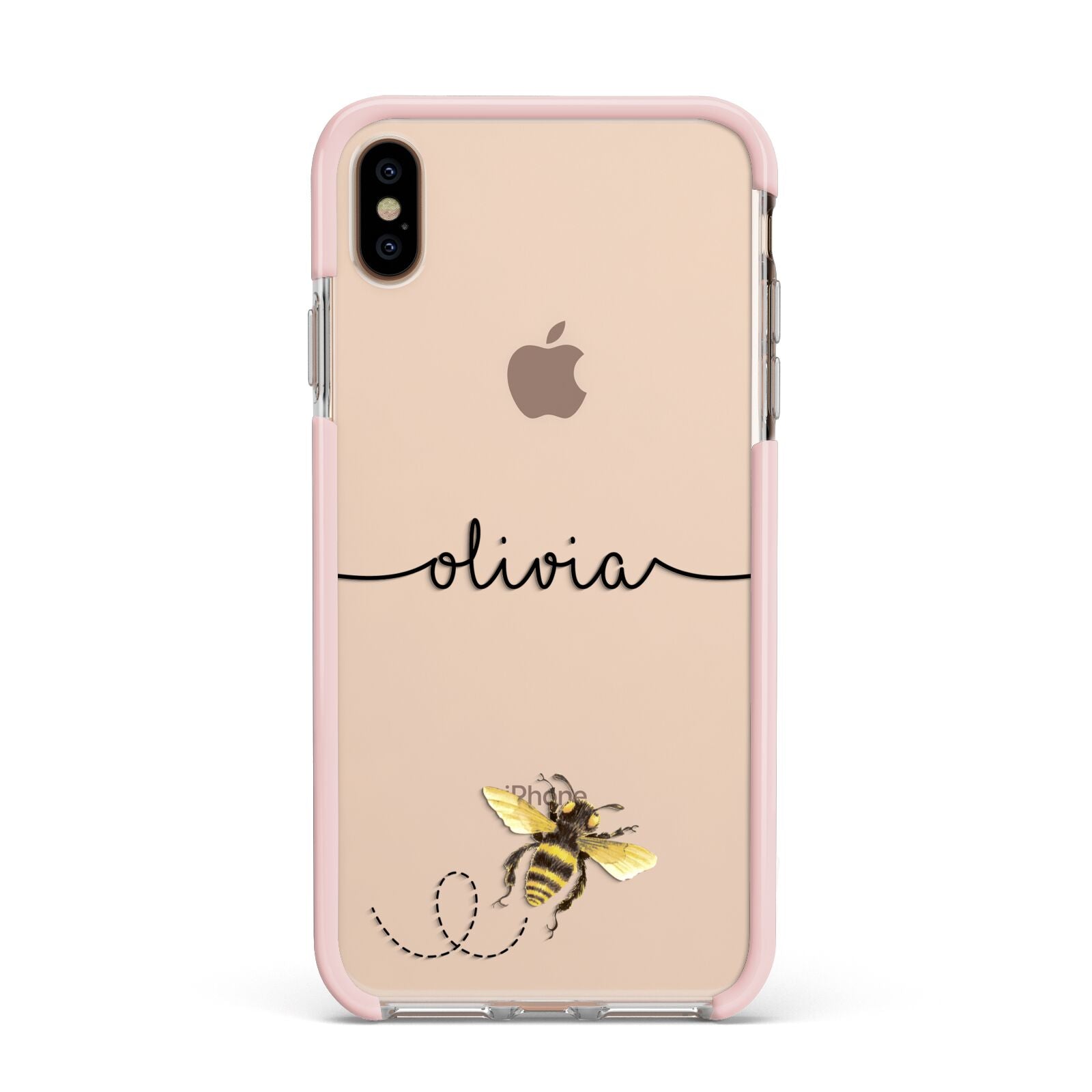 Watercolour Bee with Name Apple iPhone Xs Max Impact Case Pink Edge on Gold Phone