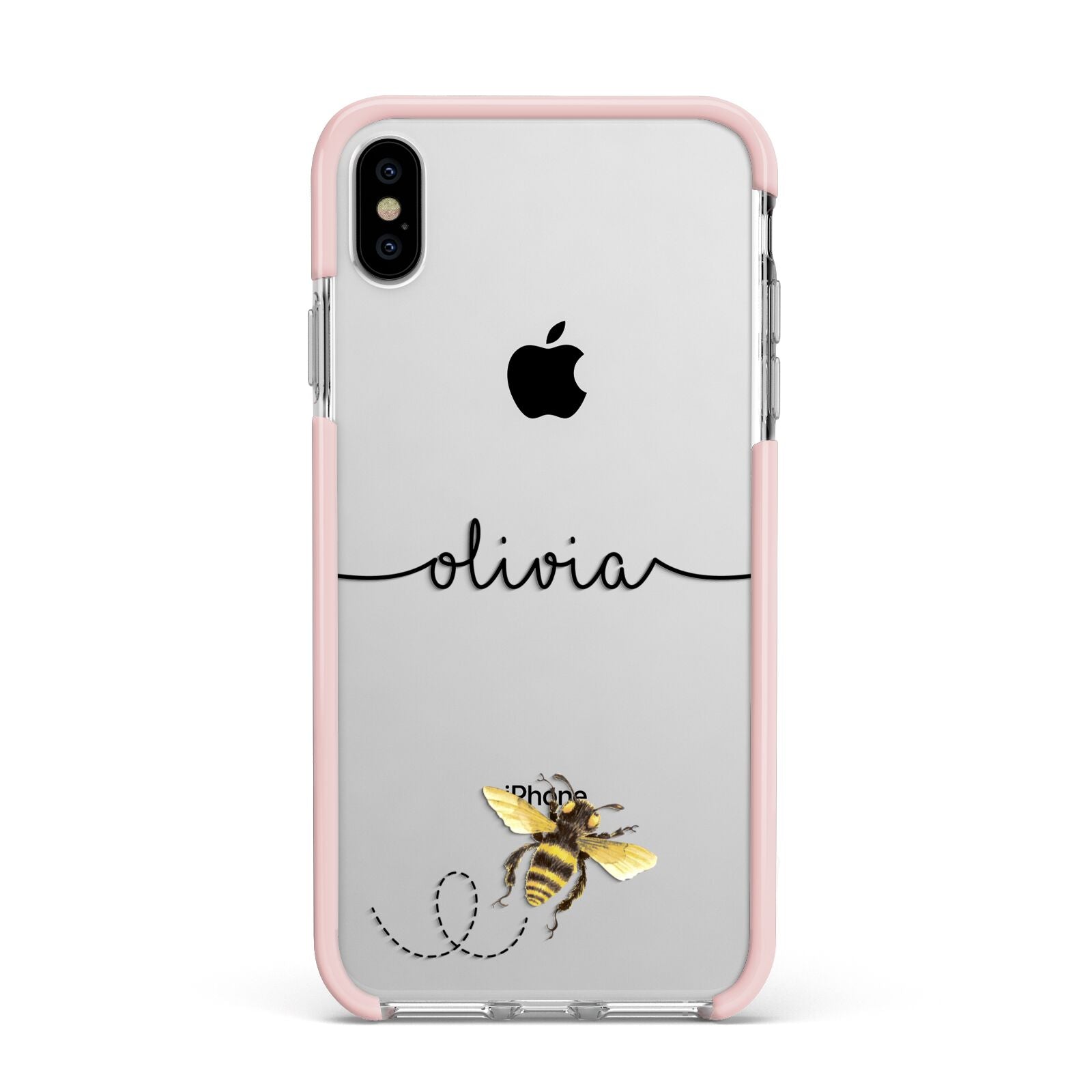 Watercolour Bee with Name Apple iPhone Xs Max Impact Case Pink Edge on Silver Phone