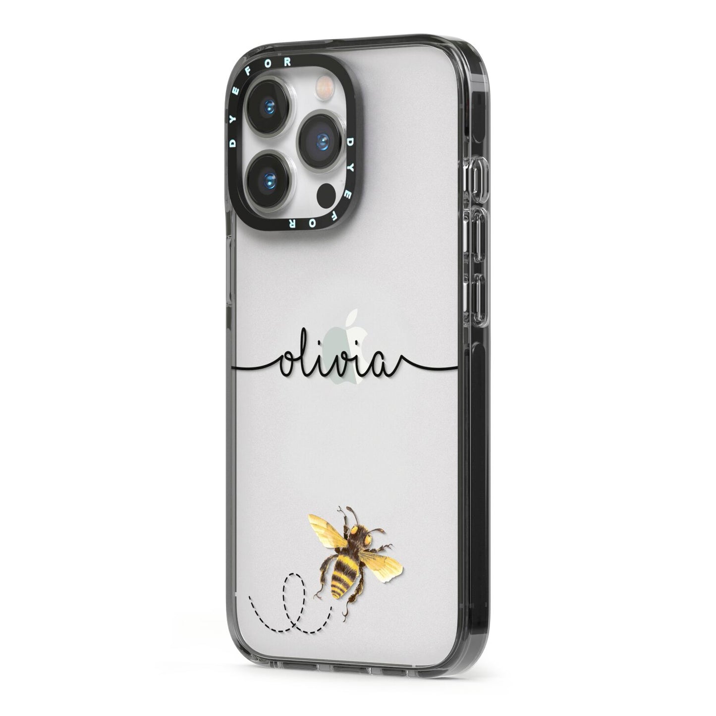 Watercolour Bee with Name iPhone 13 Pro Black Impact Case Side Angle on Silver phone