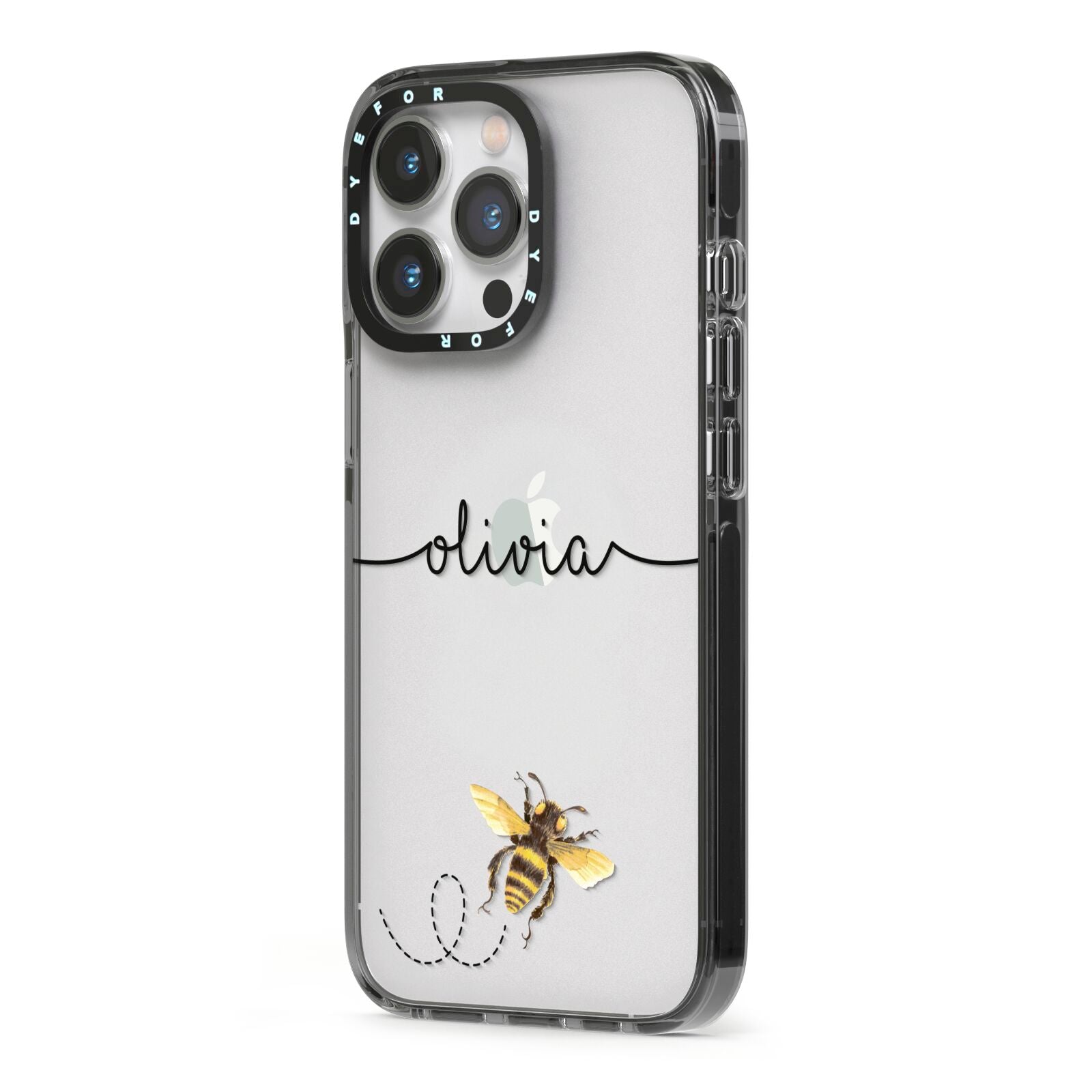 Watercolour Bee with Name iPhone 13 Pro Black Impact Case Side Angle on Silver phone