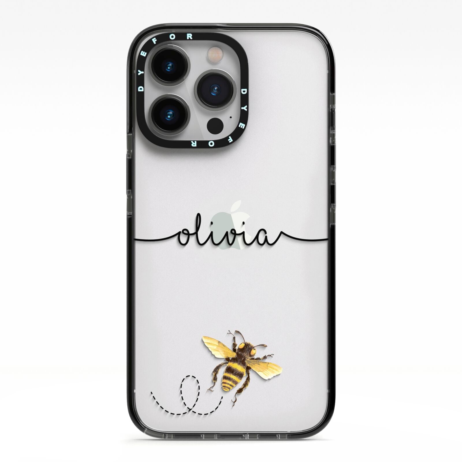 Watercolour Bee with Name iPhone 13 Pro Black Impact Case on Silver phone