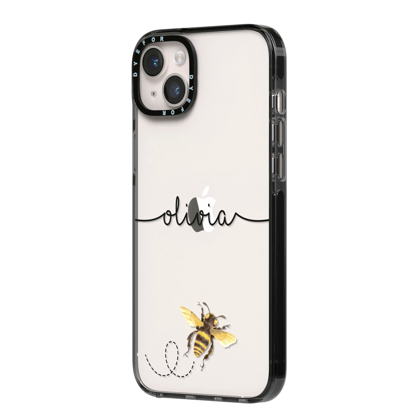 Watercolour Bee with Name iPhone 14 Plus Black Impact Case Side Angle on Silver phone