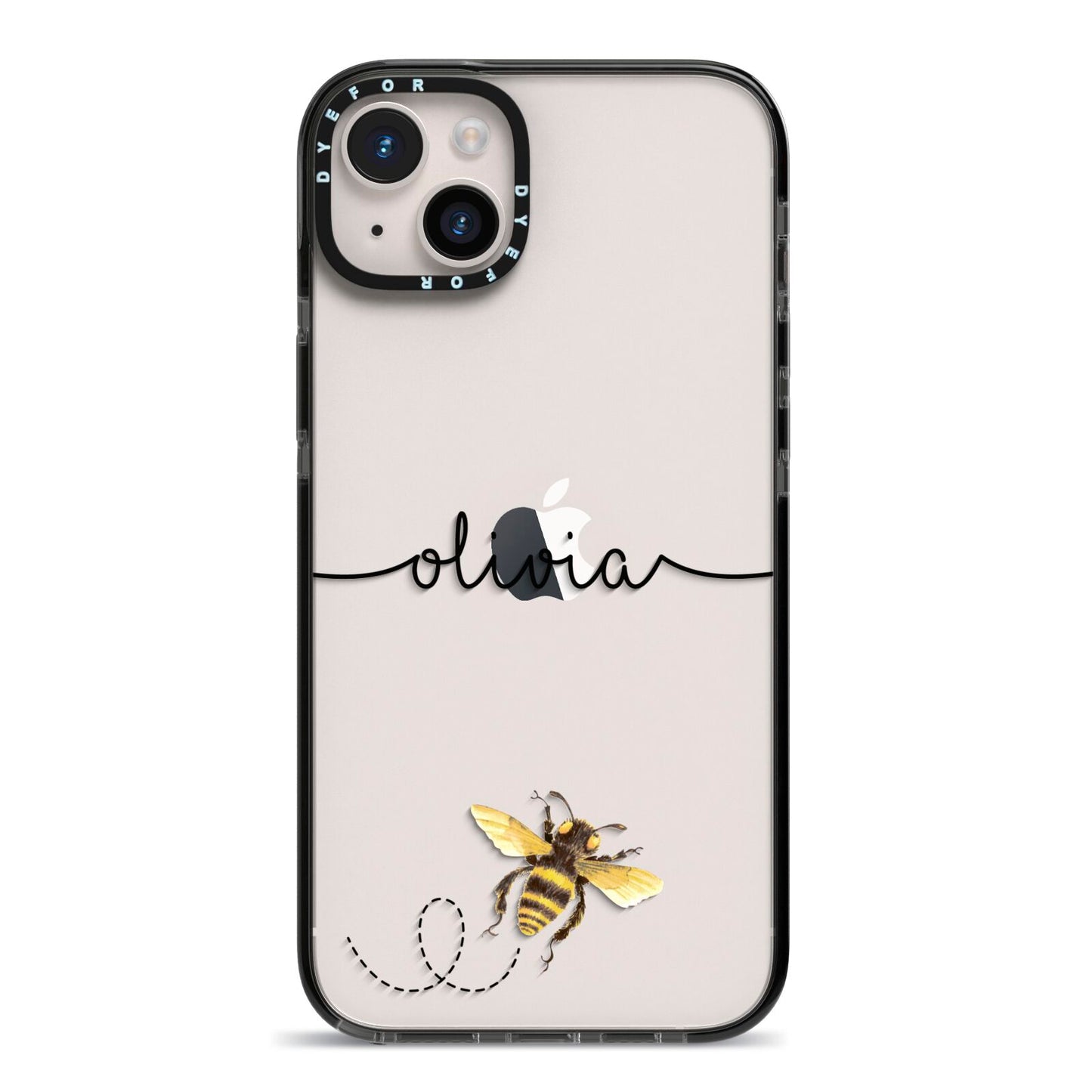 Watercolour Bee with Name iPhone 14 Plus Black Impact Case on Silver phone