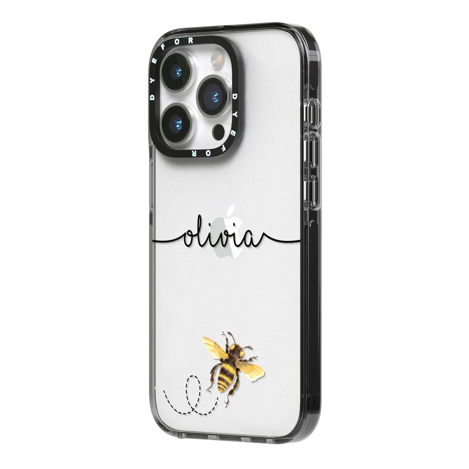 Watercolour Bee with Name iPhone 14 Pro Black Impact Case Side Angle on Silver phone