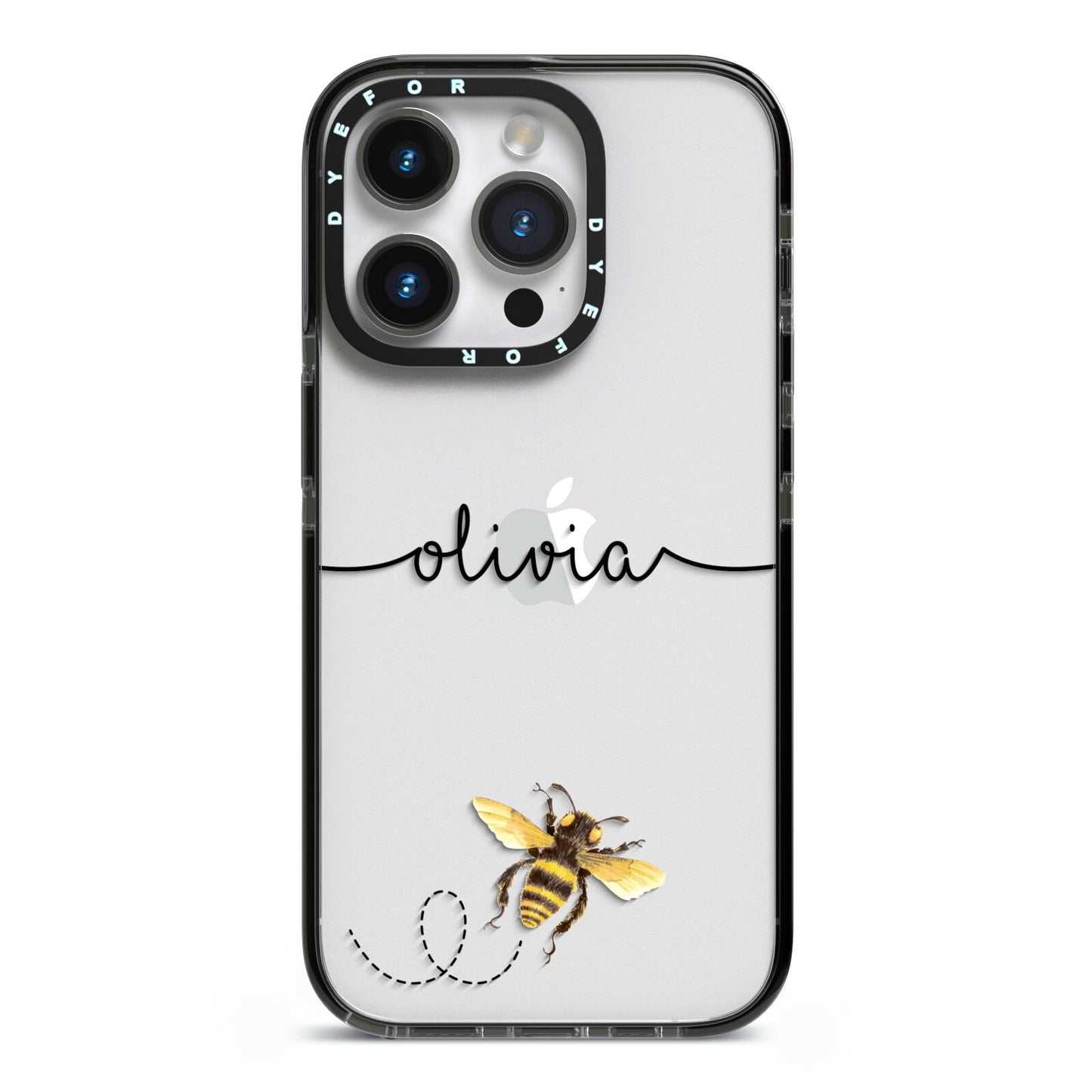 Watercolour Bee with Name iPhone 14 Pro Black Impact Case on Silver phone