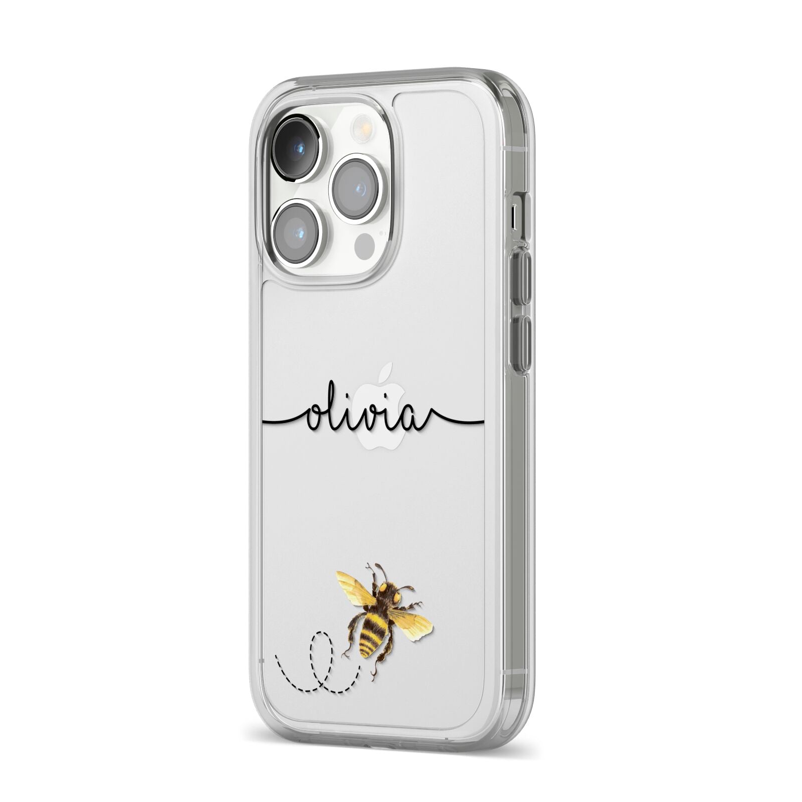 Watercolour Bee with Name iPhone 14 Pro Clear Tough Case Silver Angled Image