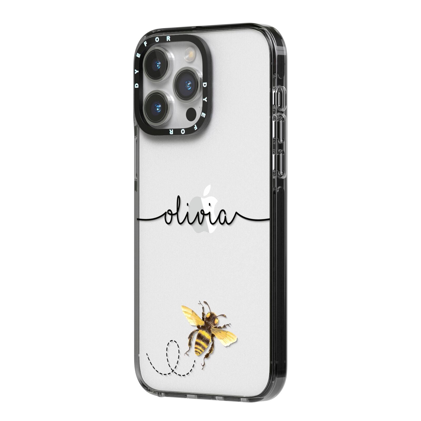 Watercolour Bee with Name iPhone 14 Pro Max Black Impact Case Side Angle on Silver phone