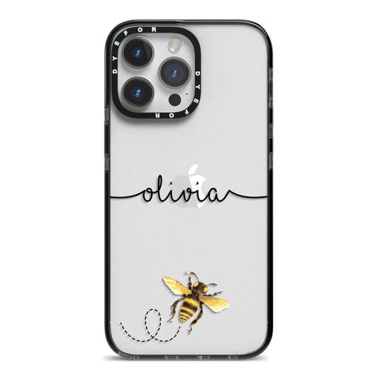 Watercolour Bee with Name iPhone 14 Pro Max Black Impact Case on Silver phone