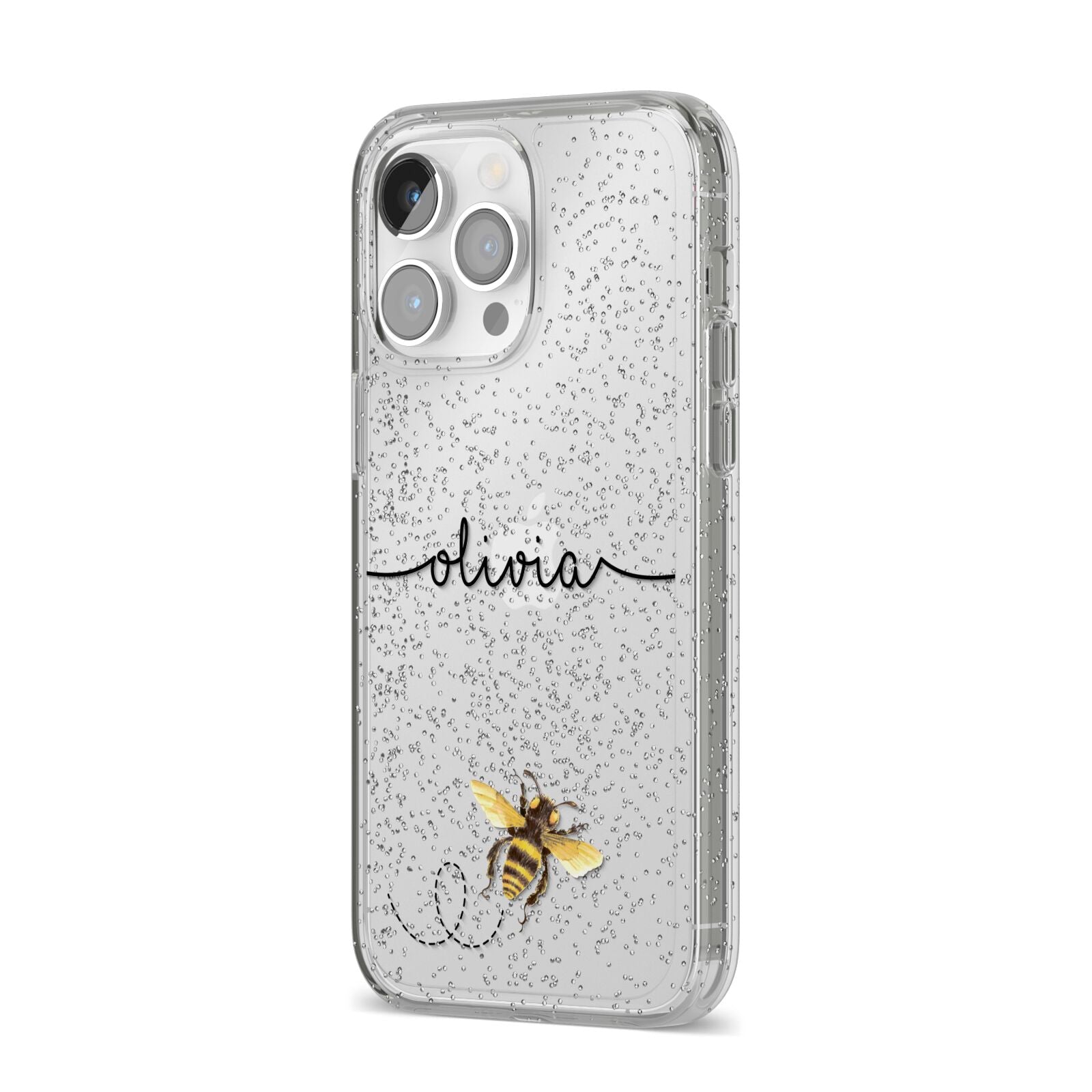 Watercolour Bee with Name iPhone 14 Pro Max Glitter Tough Case Silver Angled Image