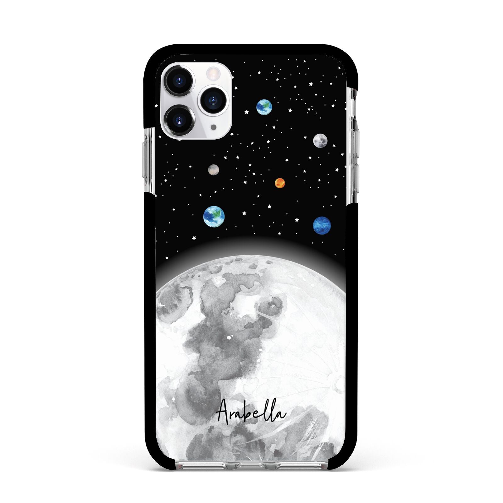 Watercolour Close up Moon with Name Apple iPhone 11 Pro Max in Silver with Black Impact Case