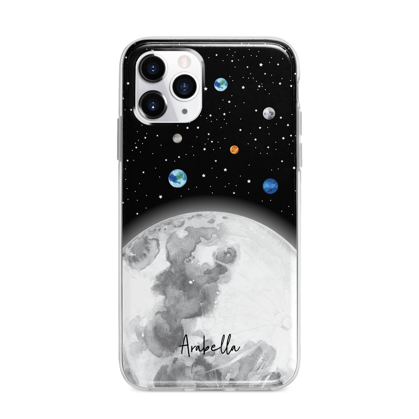 Watercolour Close up Moon with Name Apple iPhone 11 Pro Max in Silver with Bumper Case