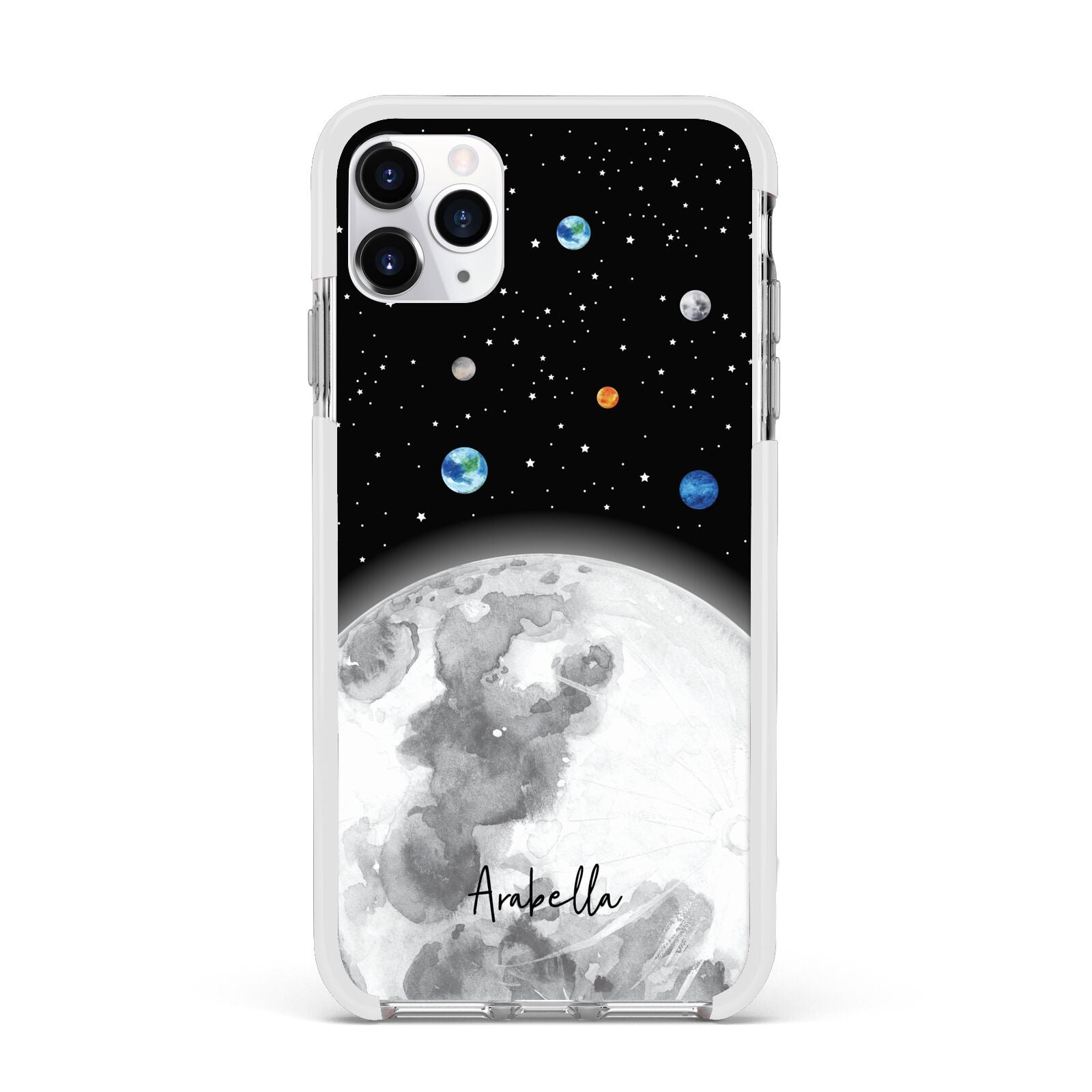 Watercolour Close up Moon with Name Apple iPhone 11 Pro Max in Silver with White Impact Case