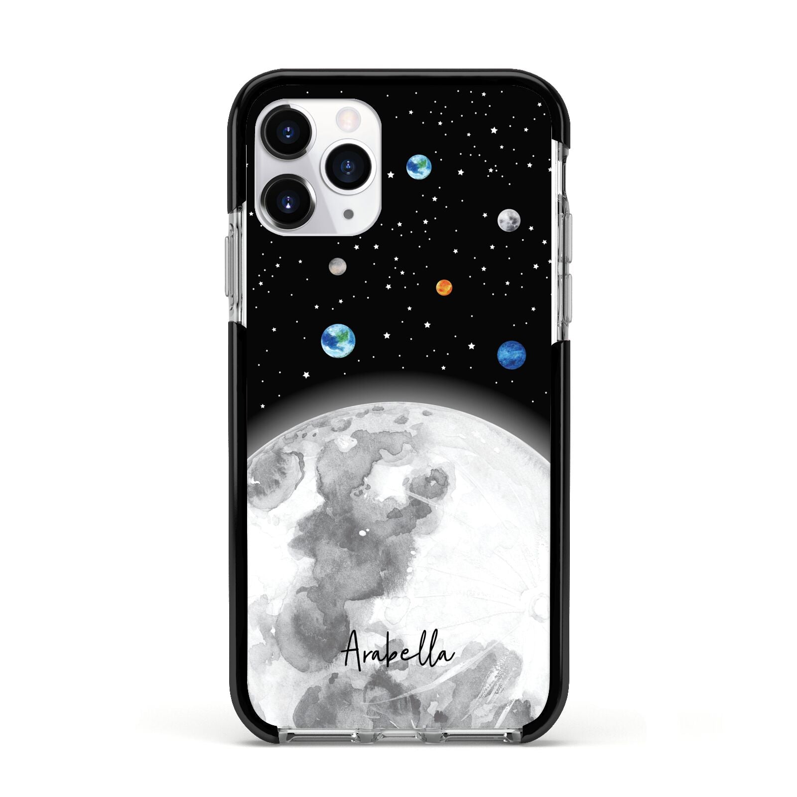 Watercolour Close up Moon with Name Apple iPhone 11 Pro in Silver with Black Impact Case