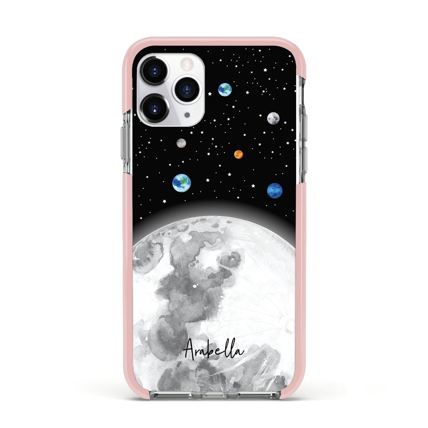 Watercolour Close up Moon with Name Apple iPhone 11 Pro in Silver with Pink Impact Case