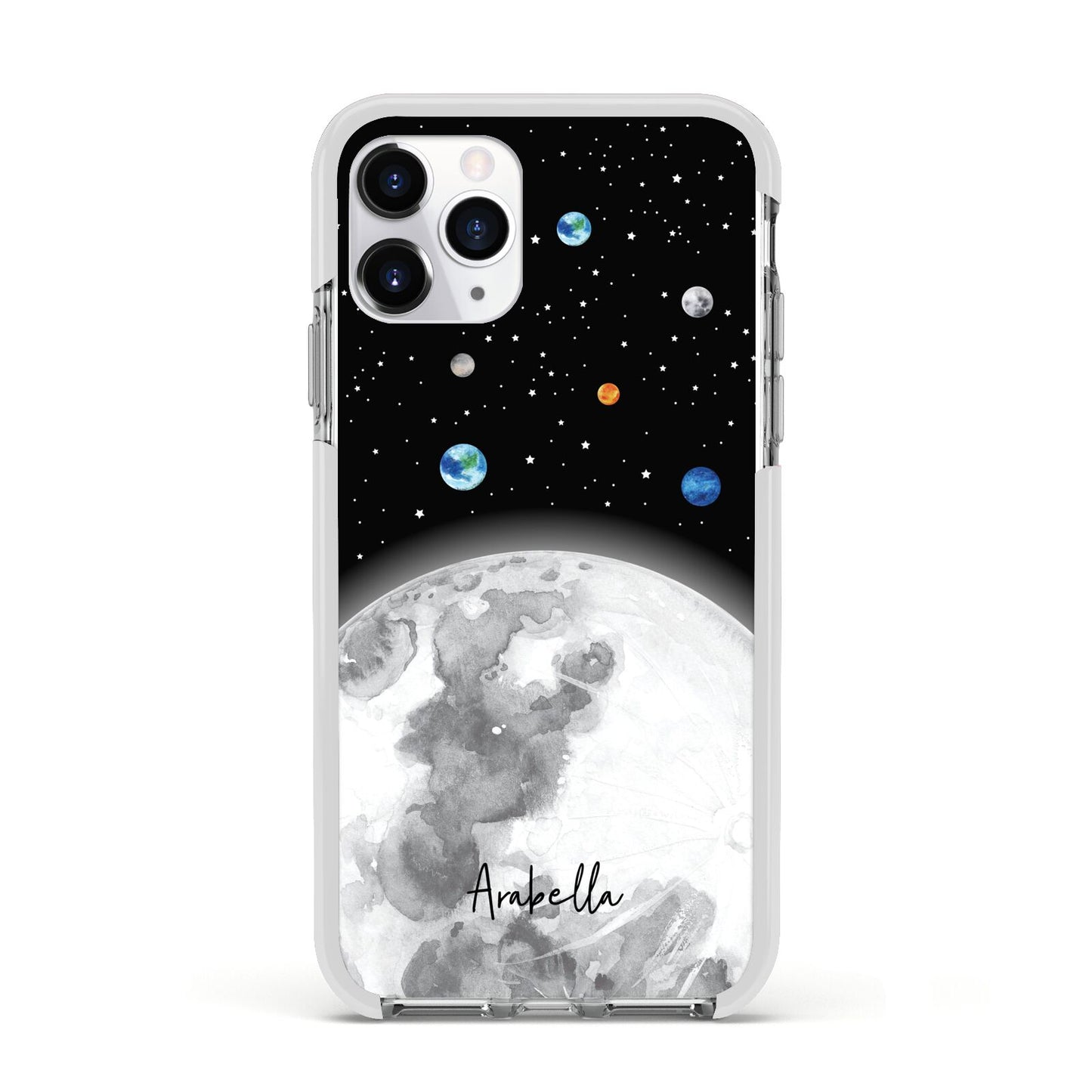Watercolour Close up Moon with Name Apple iPhone 11 Pro in Silver with White Impact Case