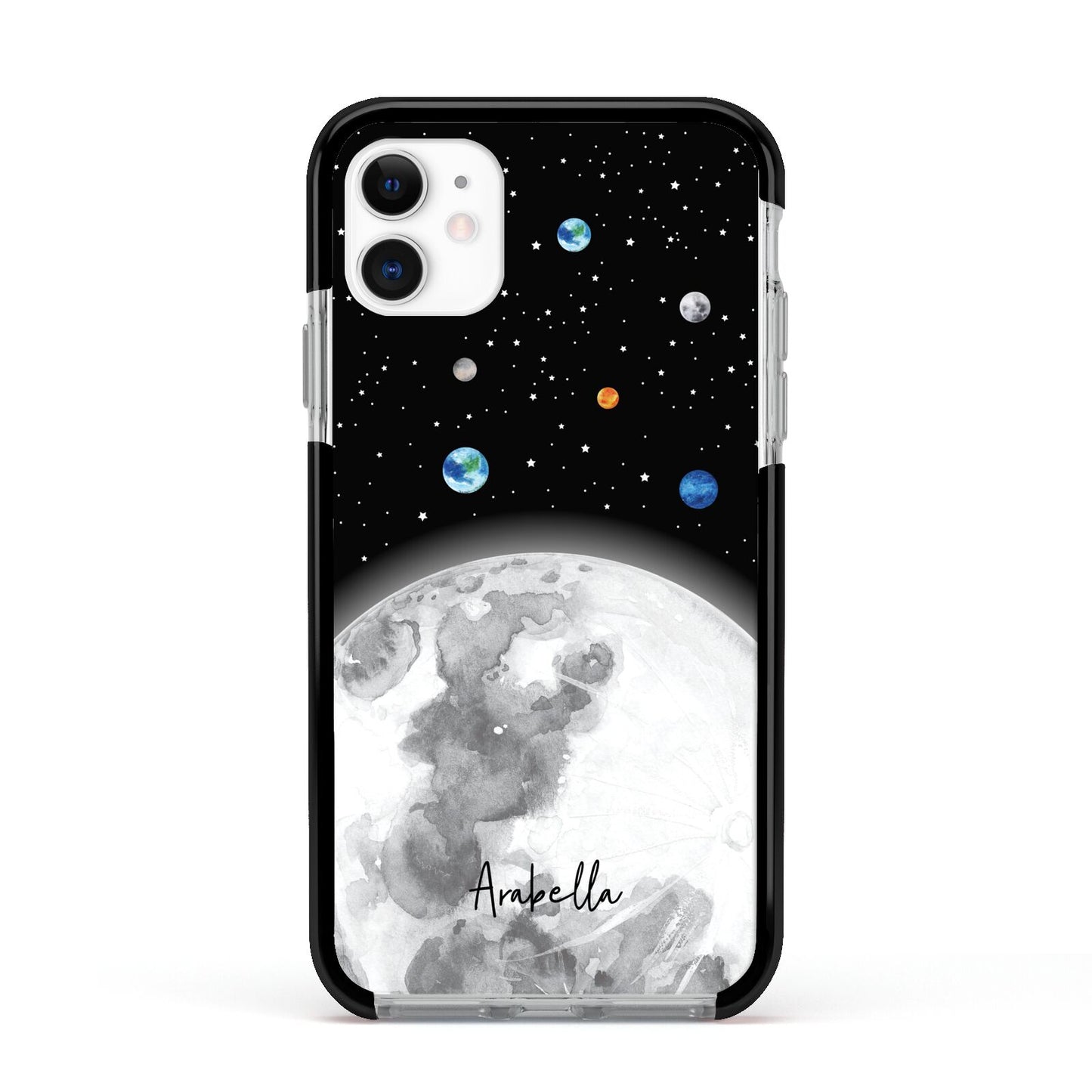 Watercolour Close up Moon with Name Apple iPhone 11 in White with Black Impact Case