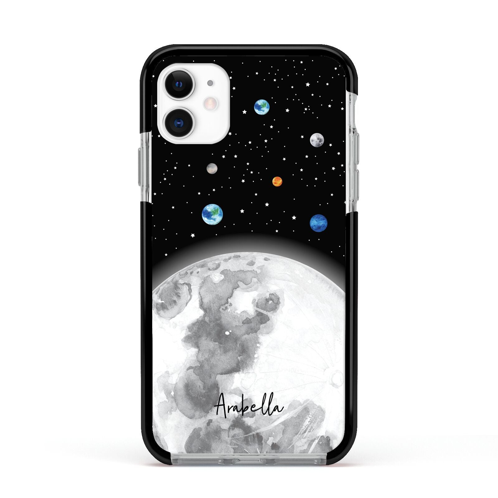 Watercolour Close up Moon with Name Apple iPhone 11 in White with Black Impact Case