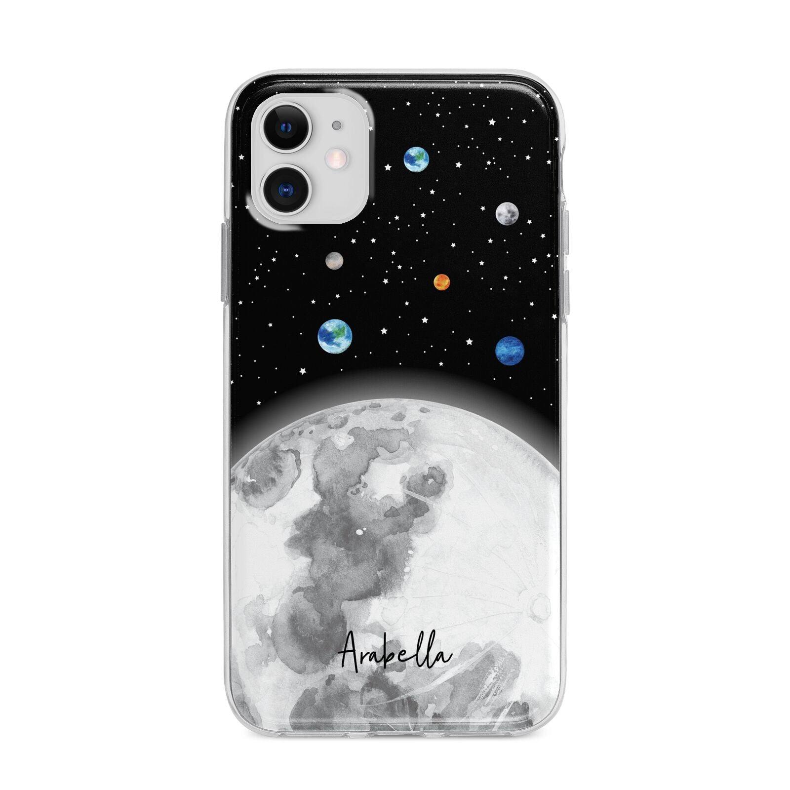 Watercolour Close up Moon with Name Apple iPhone 11 in White with Bumper Case