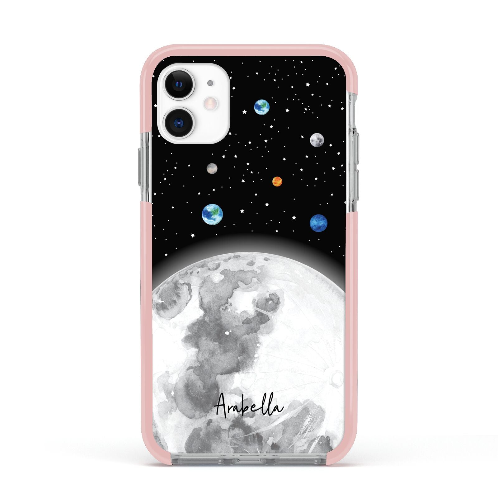 Watercolour Close up Moon with Name Apple iPhone 11 in White with Pink Impact Case