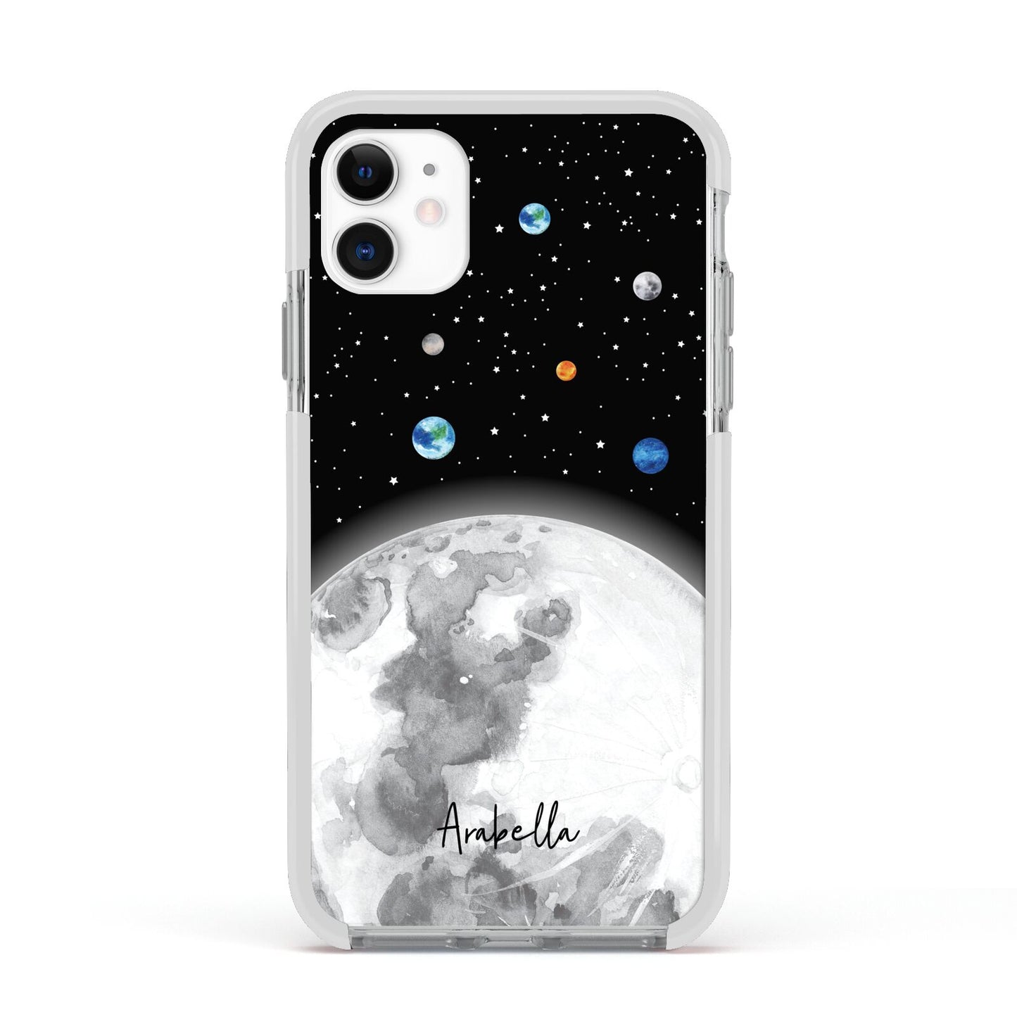 Watercolour Close up Moon with Name Apple iPhone 11 in White with White Impact Case
