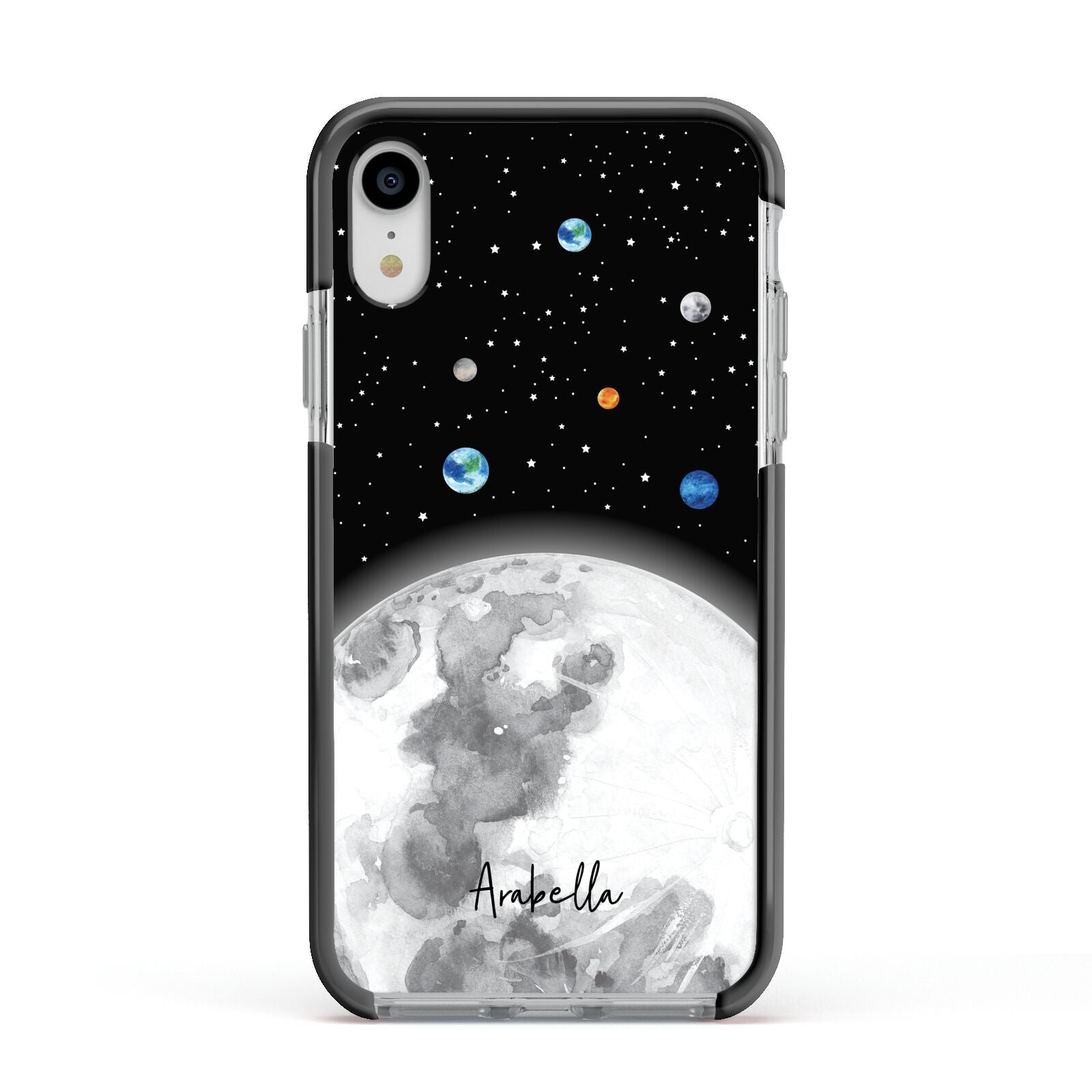 Watercolour Close up Moon with Name Apple iPhone XR Impact Case Black Edge on Silver Phone