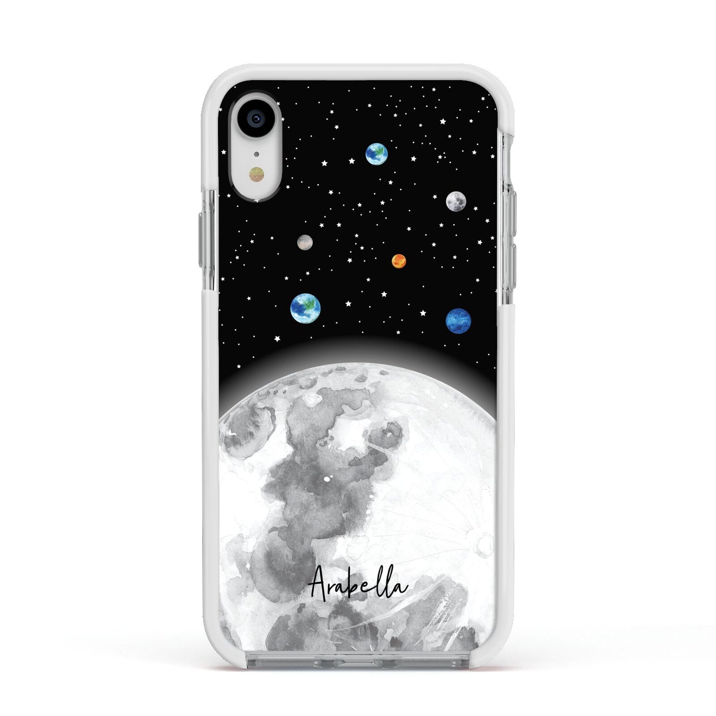 Watercolour Close up Moon with Name Apple iPhone XR Impact Case White Edge on Silver Phone