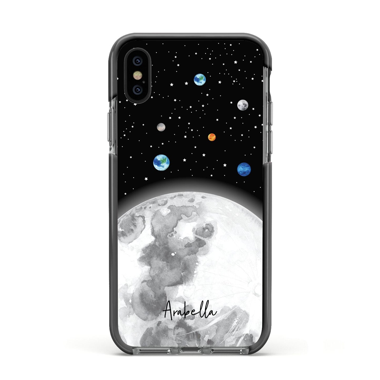 Watercolour Close up Moon with Name Apple iPhone Xs Impact Case Black Edge on Black Phone