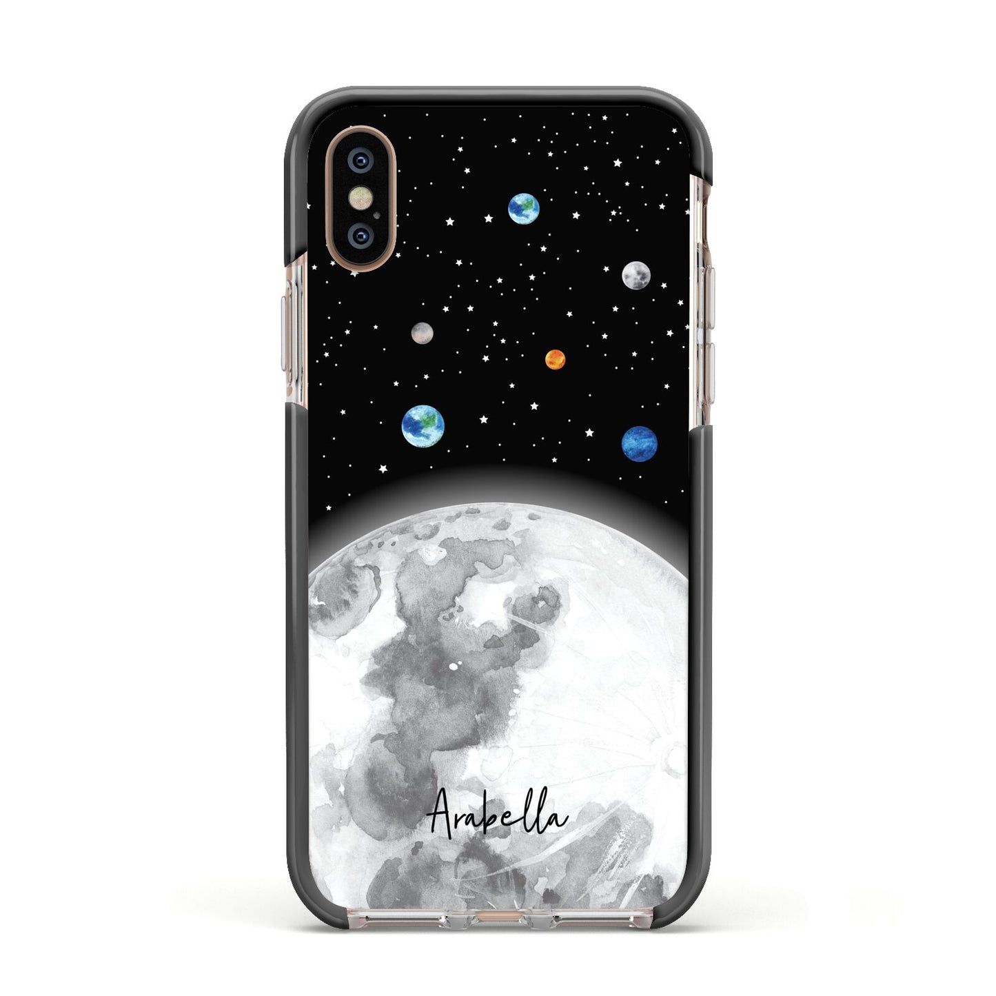 Watercolour Close up Moon with Name Apple iPhone Xs Impact Case Black Edge on Gold Phone