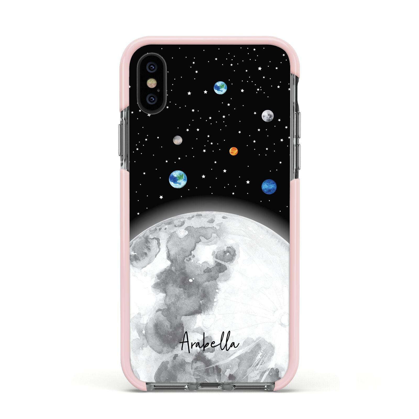 Watercolour Close up Moon with Name Apple iPhone Xs Impact Case Pink Edge on Black Phone