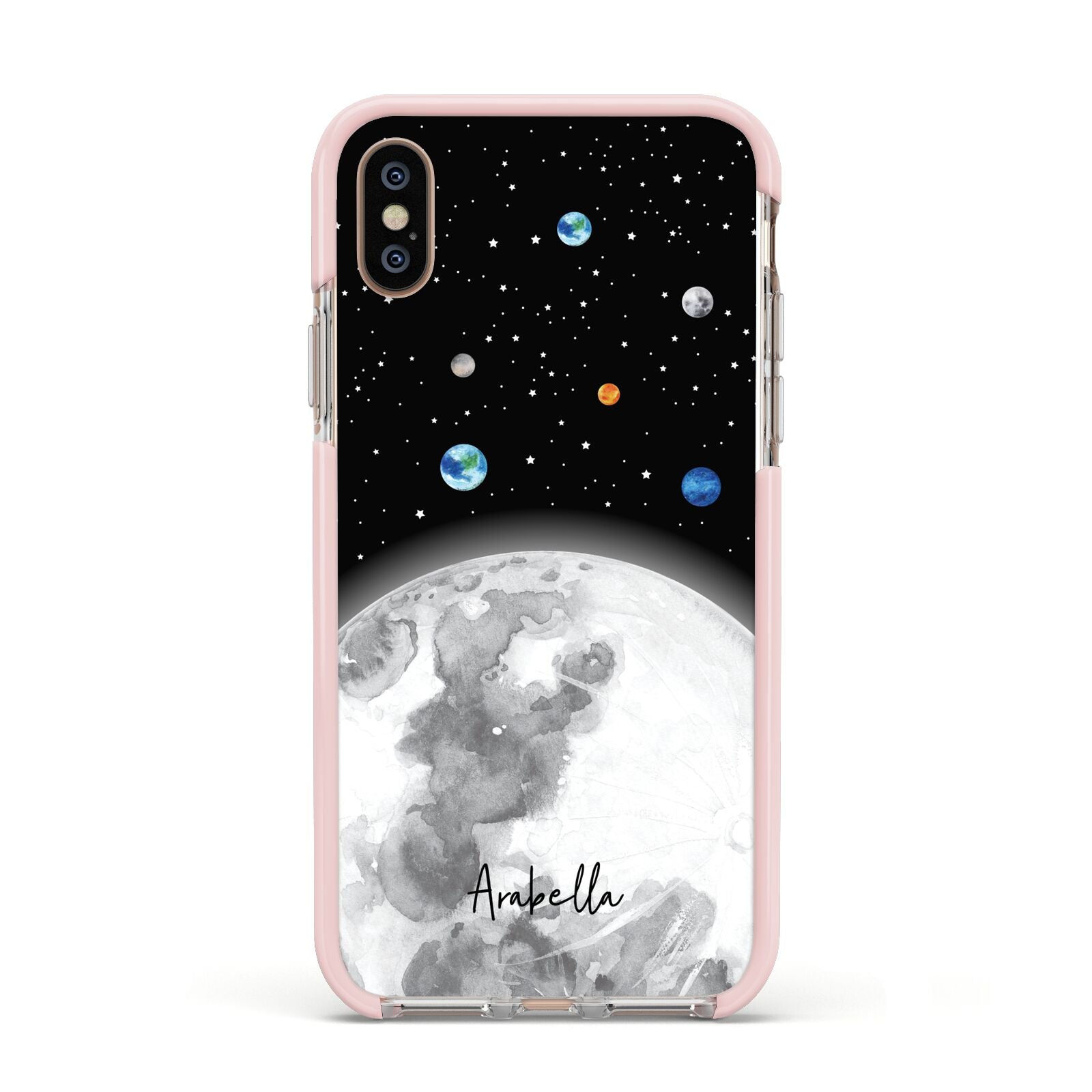 Watercolour Close up Moon with Name Apple iPhone Xs Impact Case Pink Edge on Gold Phone