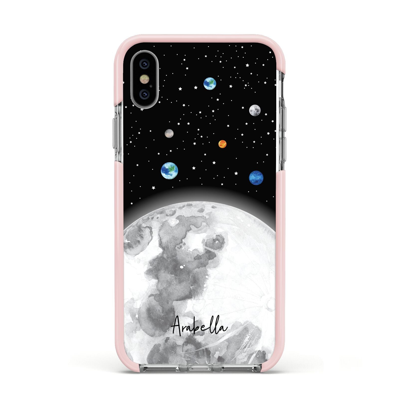 Watercolour Close up Moon with Name Apple iPhone Xs Impact Case Pink Edge on Silver Phone