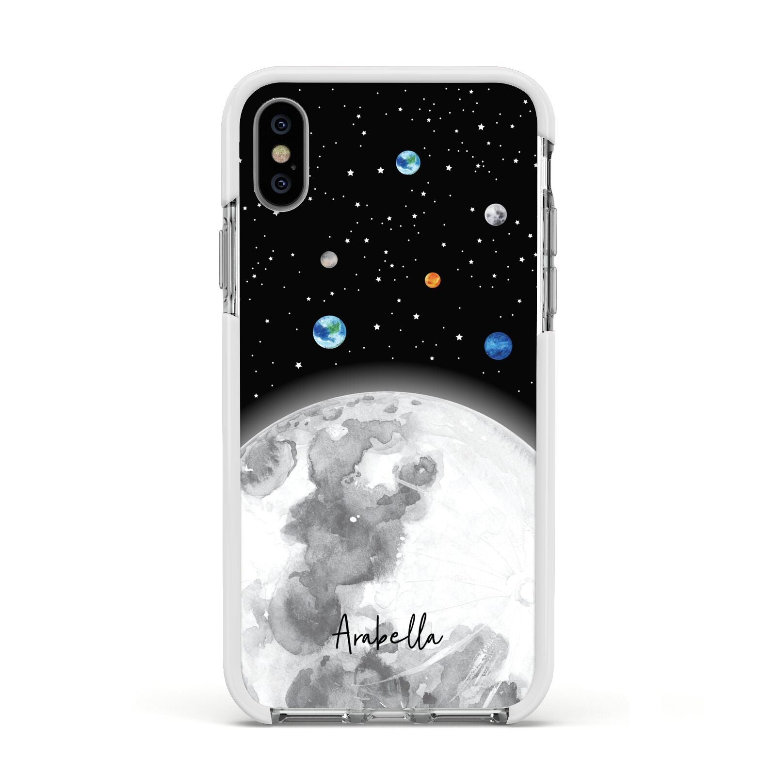 Watercolour Close up Moon with Name Apple iPhone Xs Impact Case White Edge on Silver Phone