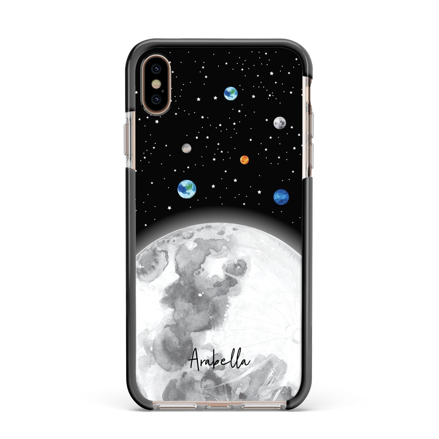 Watercolour Close up Moon with Name Apple iPhone Xs Max Impact Case Black Edge on Gold Phone