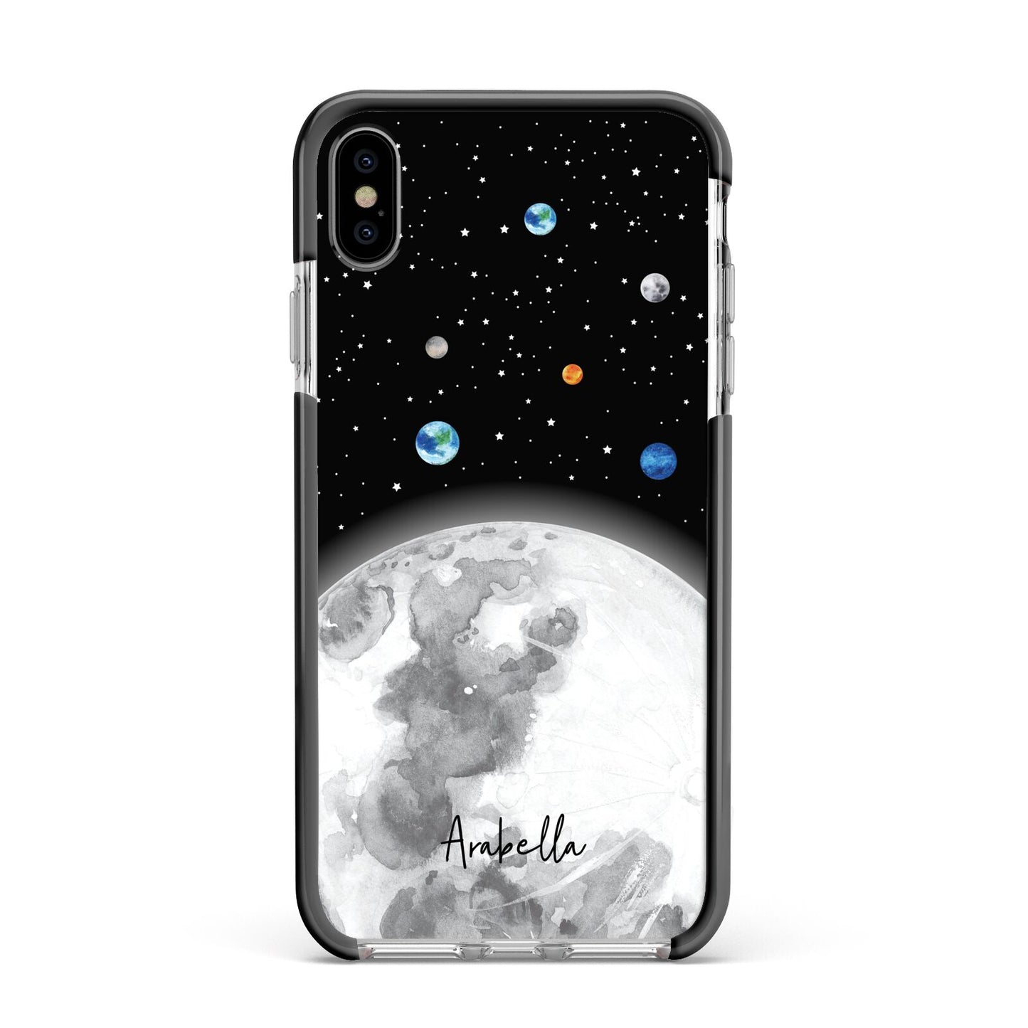 Watercolour Close up Moon with Name Apple iPhone Xs Max Impact Case Black Edge on Silver Phone