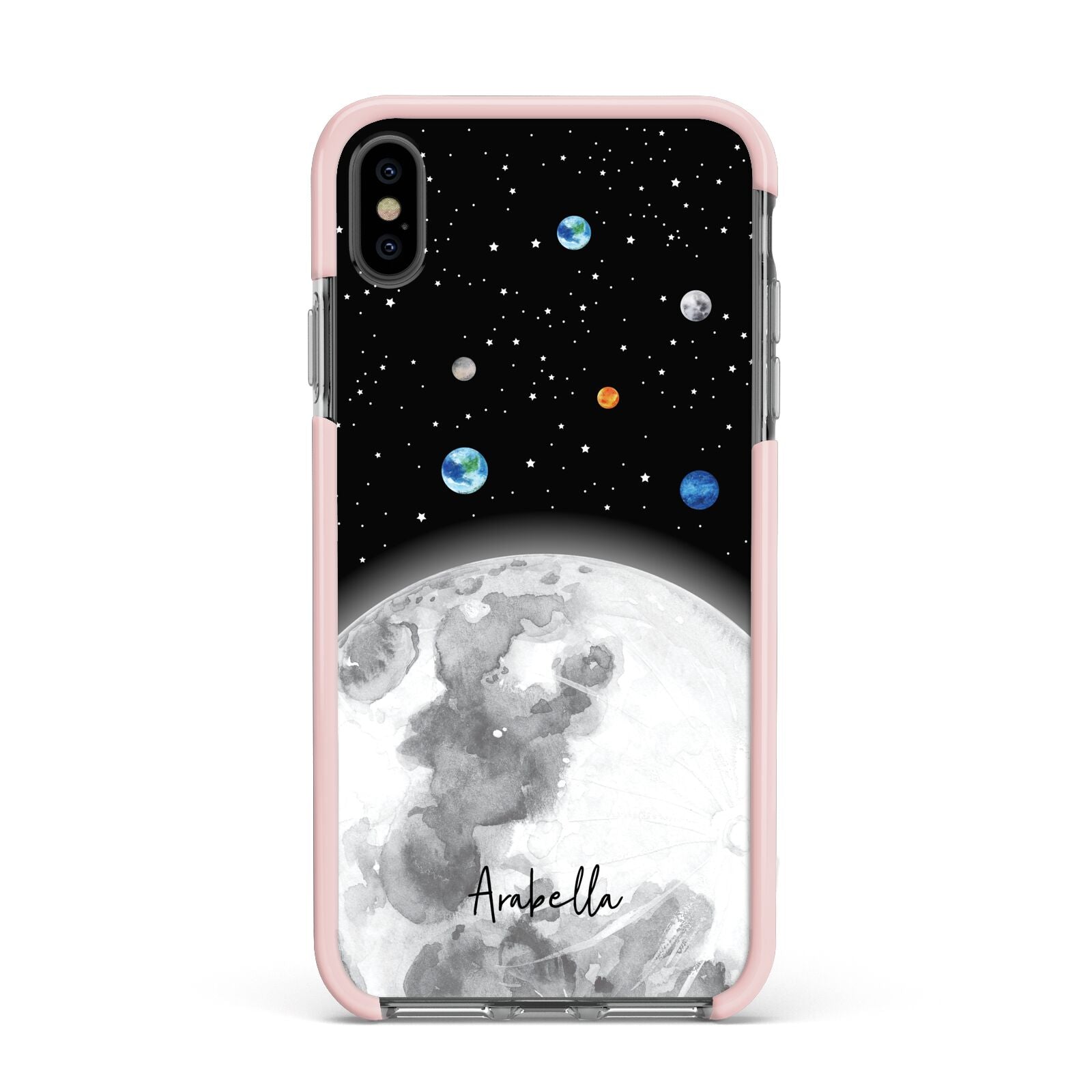 Watercolour Close up Moon with Name Apple iPhone Xs Max Impact Case Pink Edge on Black Phone