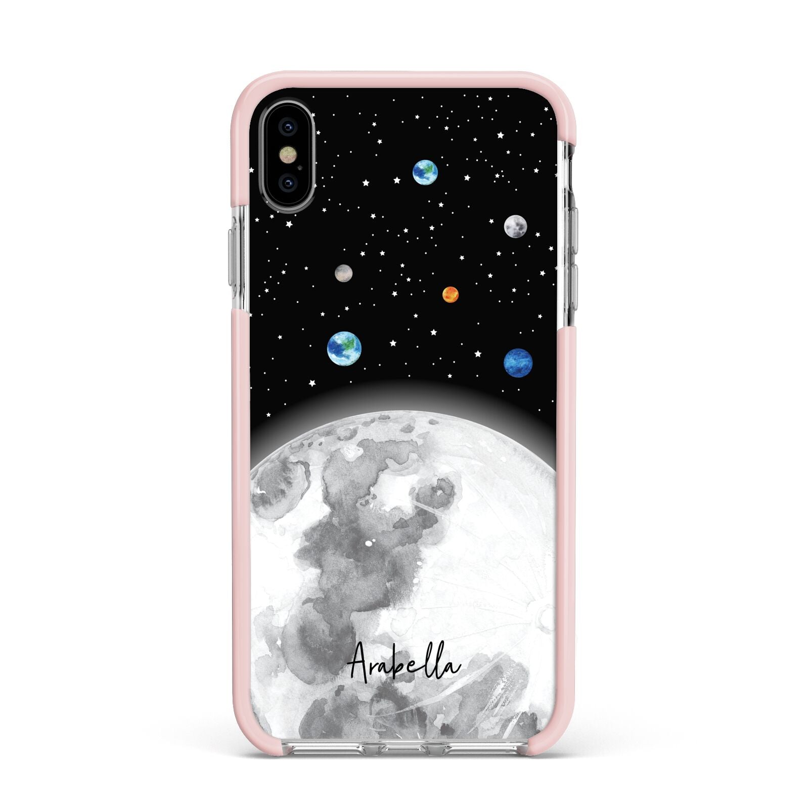 Watercolour Close up Moon with Name Apple iPhone Xs Max Impact Case Pink Edge on Silver Phone