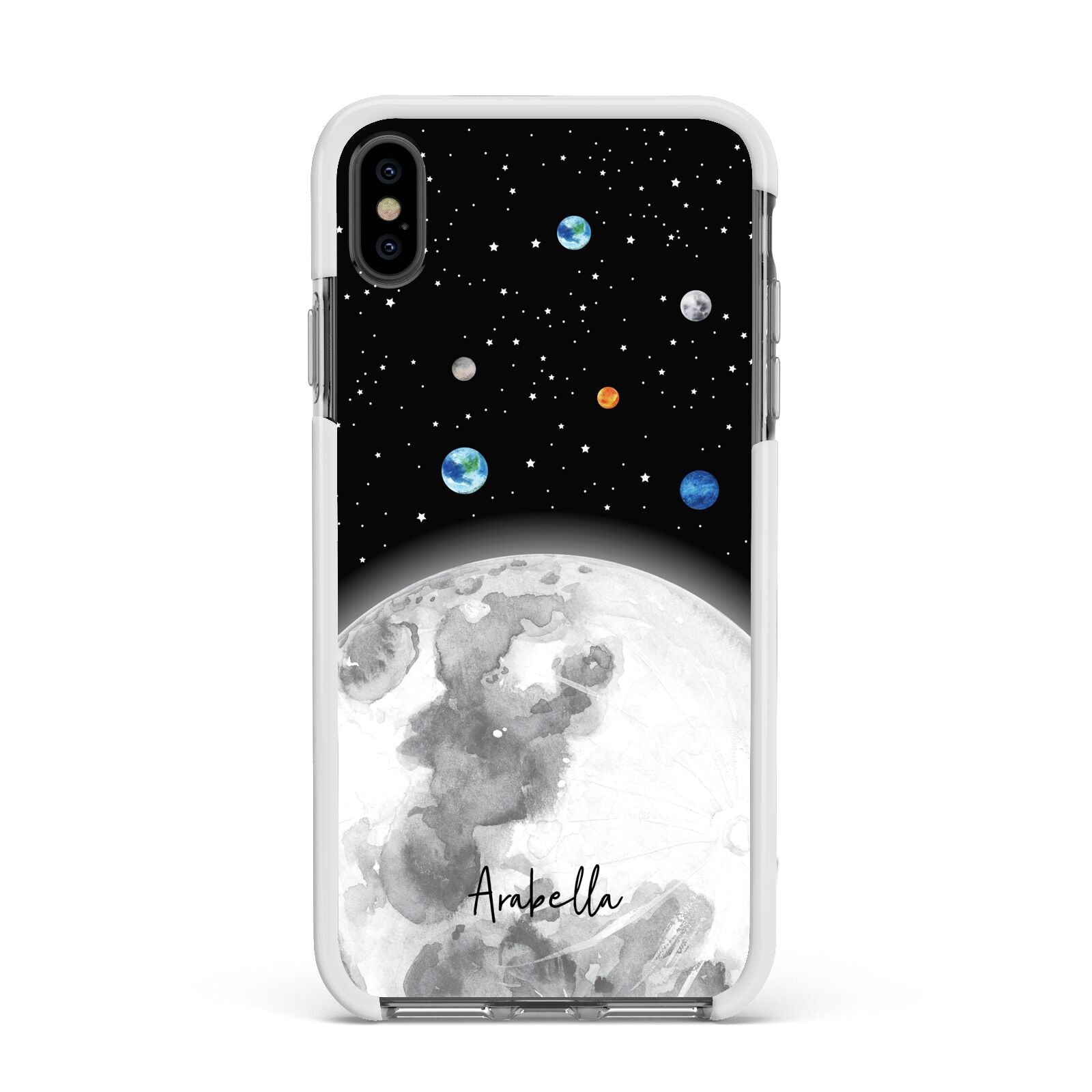 Watercolour Close up Moon with Name Apple iPhone Xs Max Impact Case White Edge on Black Phone