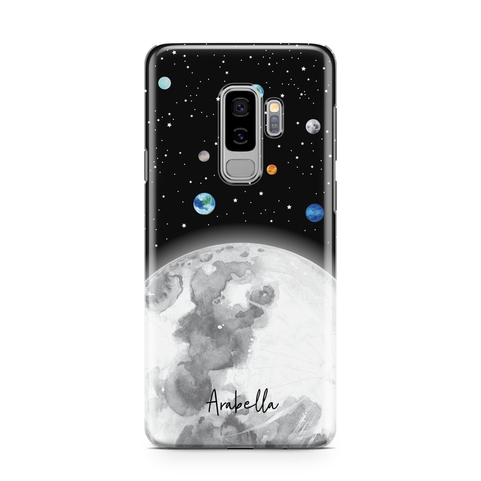 Watercolour Close up Moon with Name Samsung Galaxy S9 Plus Case on Silver phone