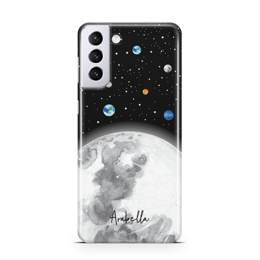 Watercolour Close up Moon with Name Samsung S21 Plus Phone Case