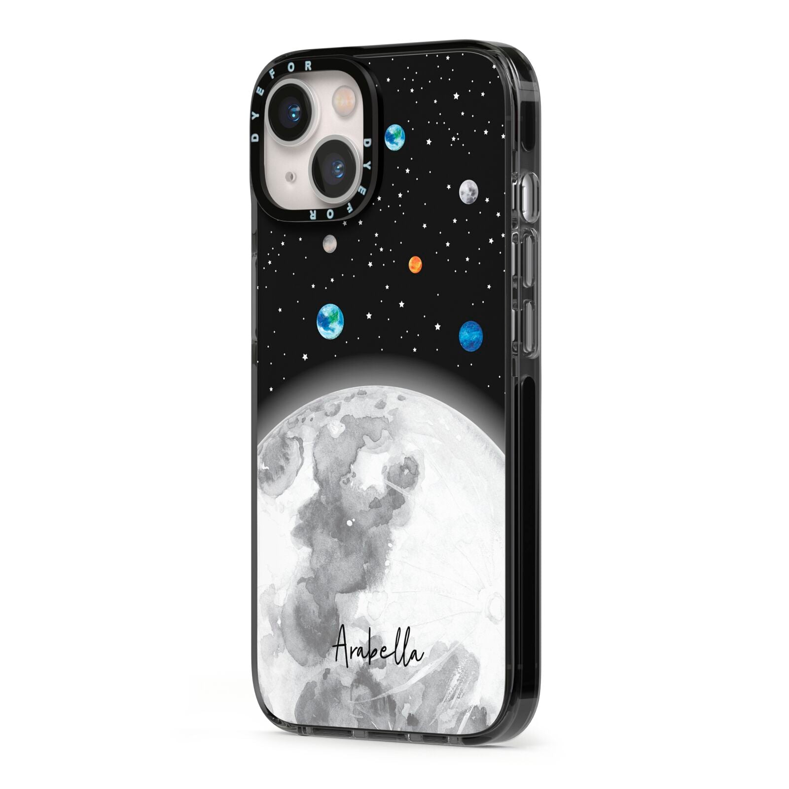 Watercolour Close up Moon with Name iPhone 13 Black Impact Case Side Angle on Silver phone