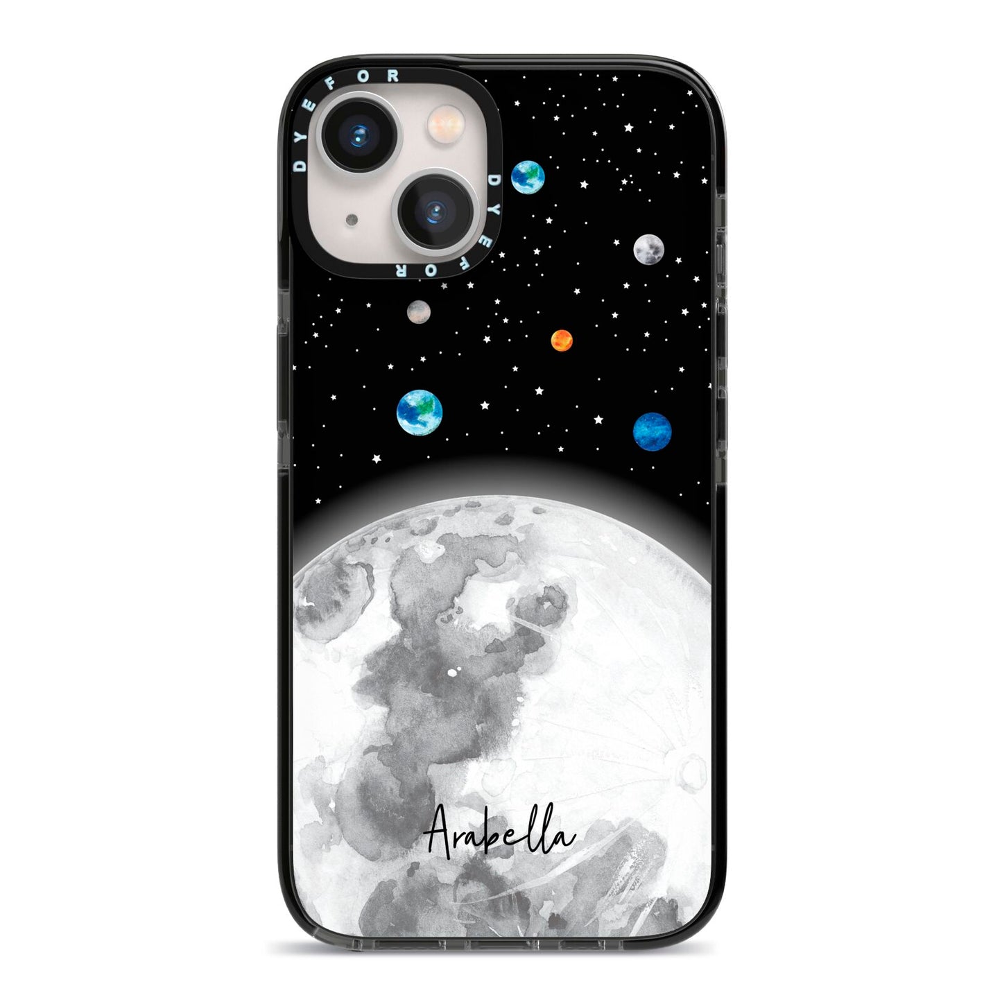 Watercolour Close up Moon with Name iPhone 13 Black Impact Case on Silver phone