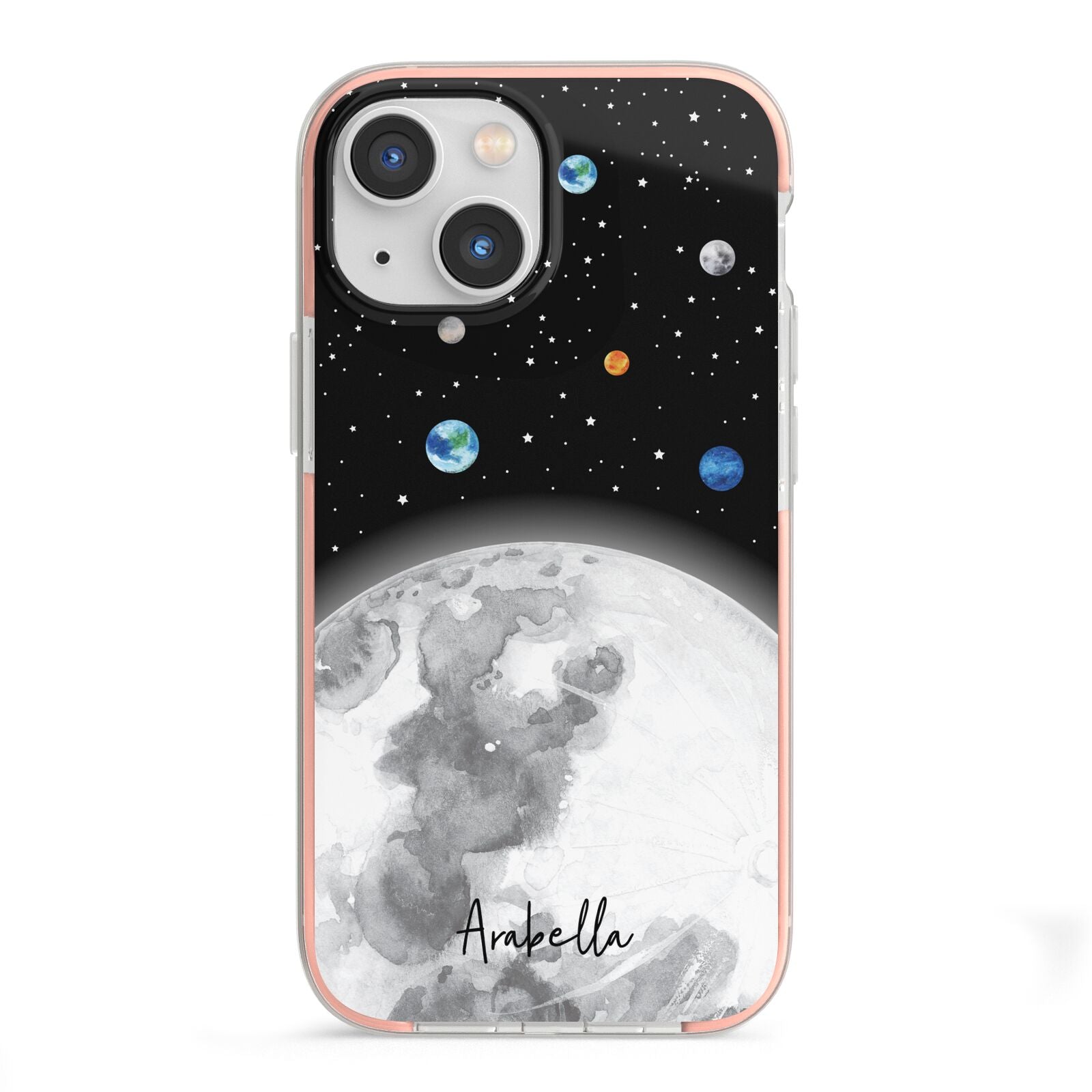 Watercolour Close up Moon with Name iPhone 13 Mini TPU Impact Case with Pink Edges