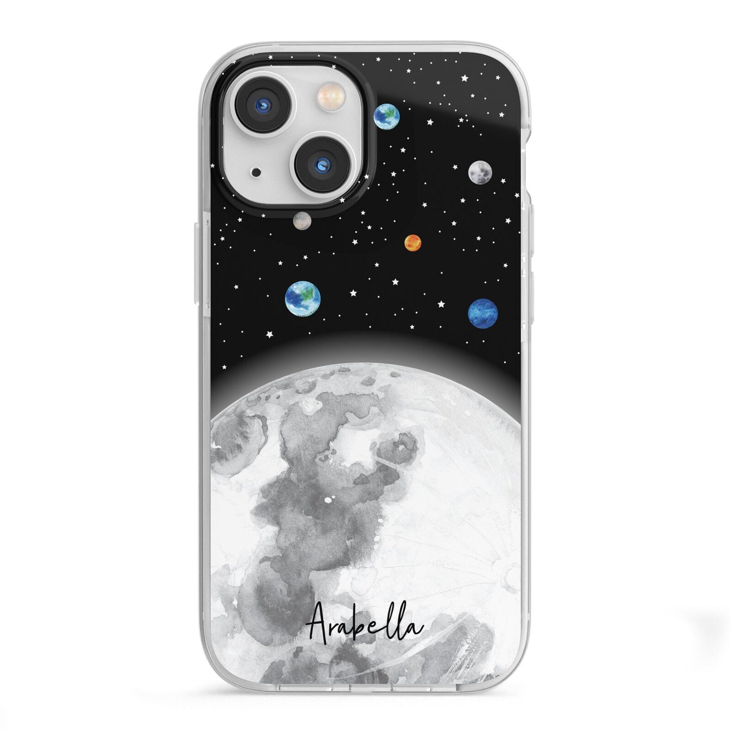 Watercolour Close up Moon with Name iPhone 13 Mini TPU Impact Case with White Edges