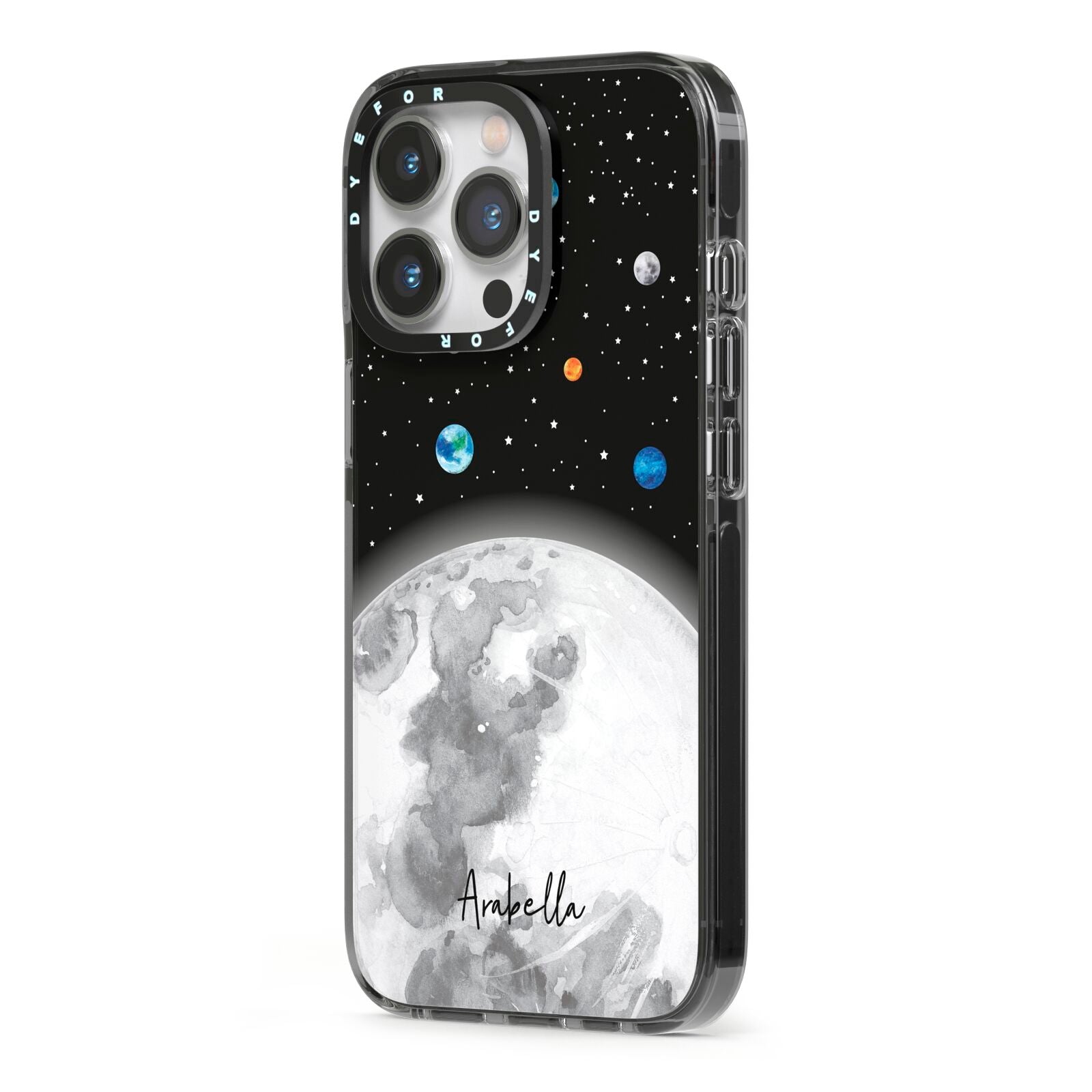 Watercolour Close up Moon with Name iPhone 13 Pro Black Impact Case Side Angle on Silver phone