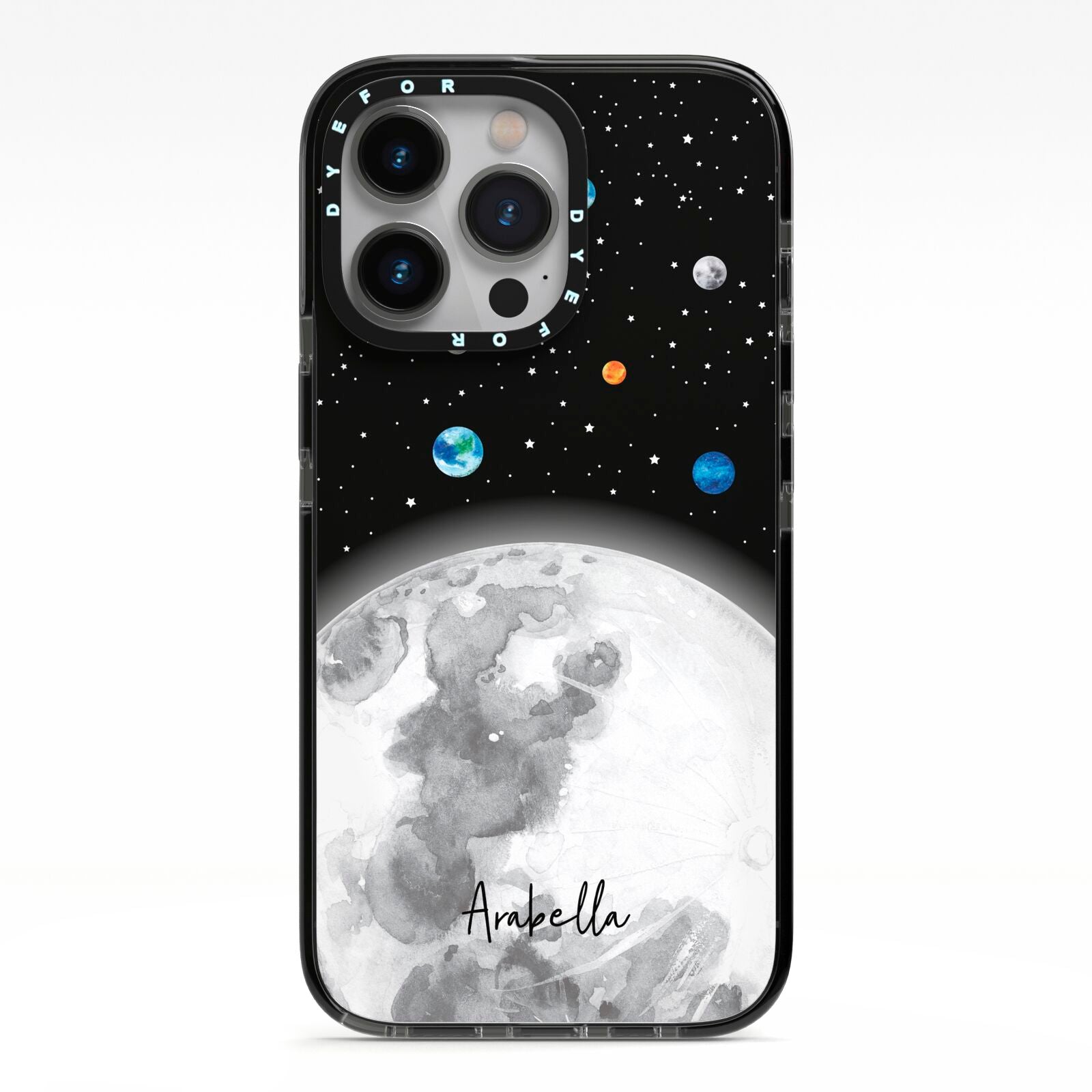 Watercolour Close up Moon with Name iPhone 13 Pro Black Impact Case on Silver phone