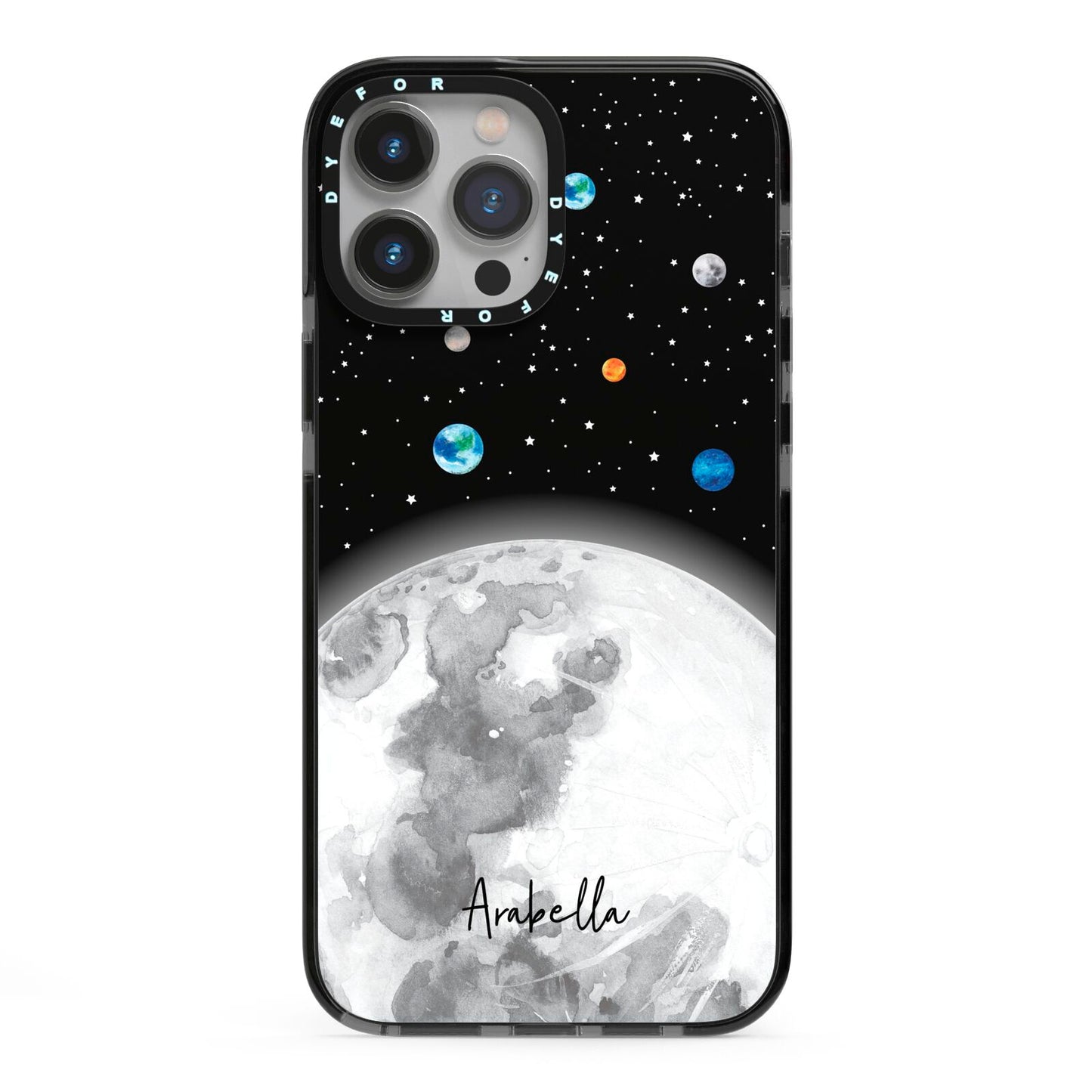 Watercolour Close up Moon with Name iPhone 13 Pro Max Black Impact Case on Silver phone