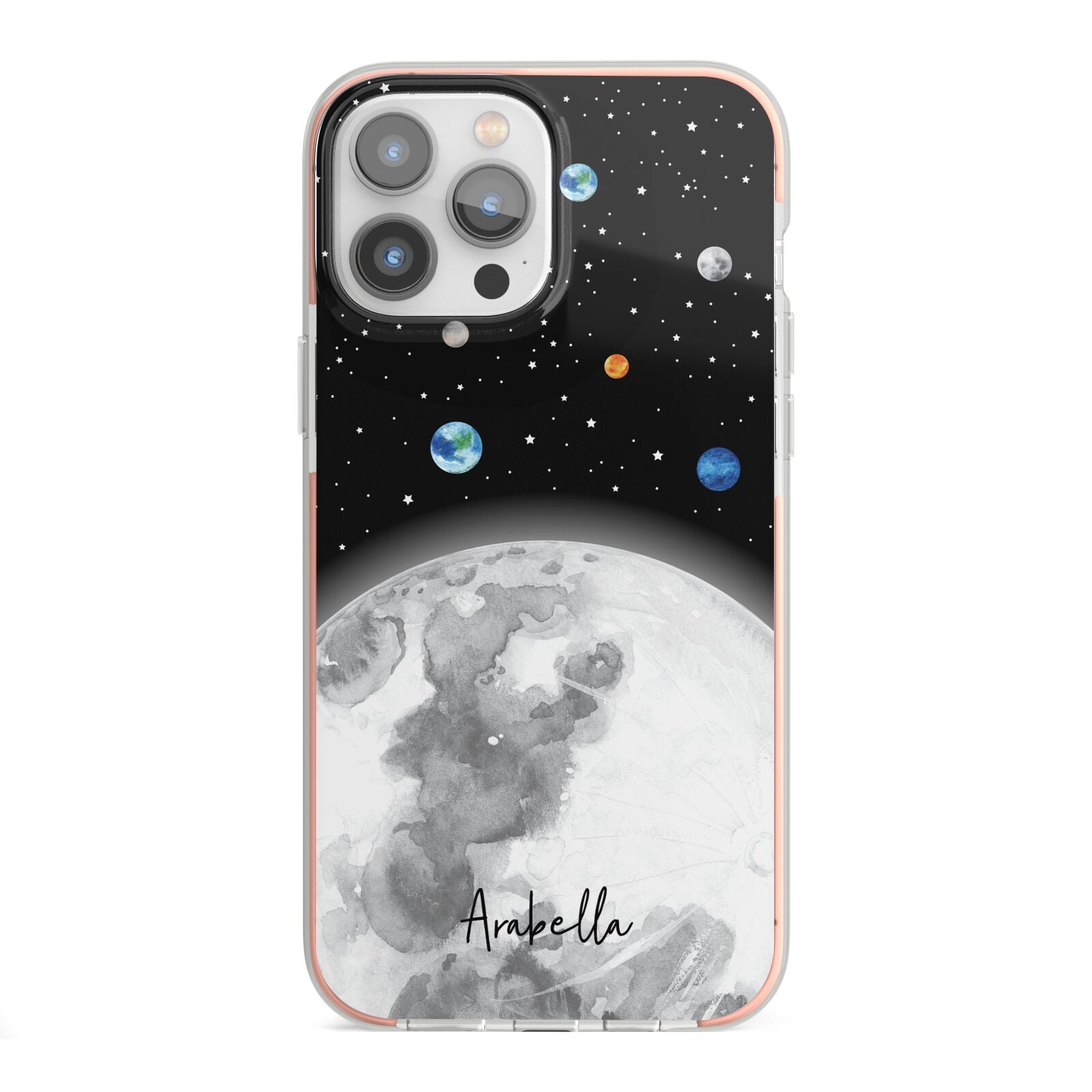 Watercolour Close up Moon with Name iPhone 13 Pro Max TPU Impact Case with Pink Edges